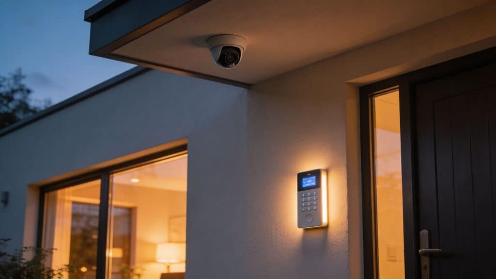 Udendørs alarmsystem installeret ved indgangsdøren.