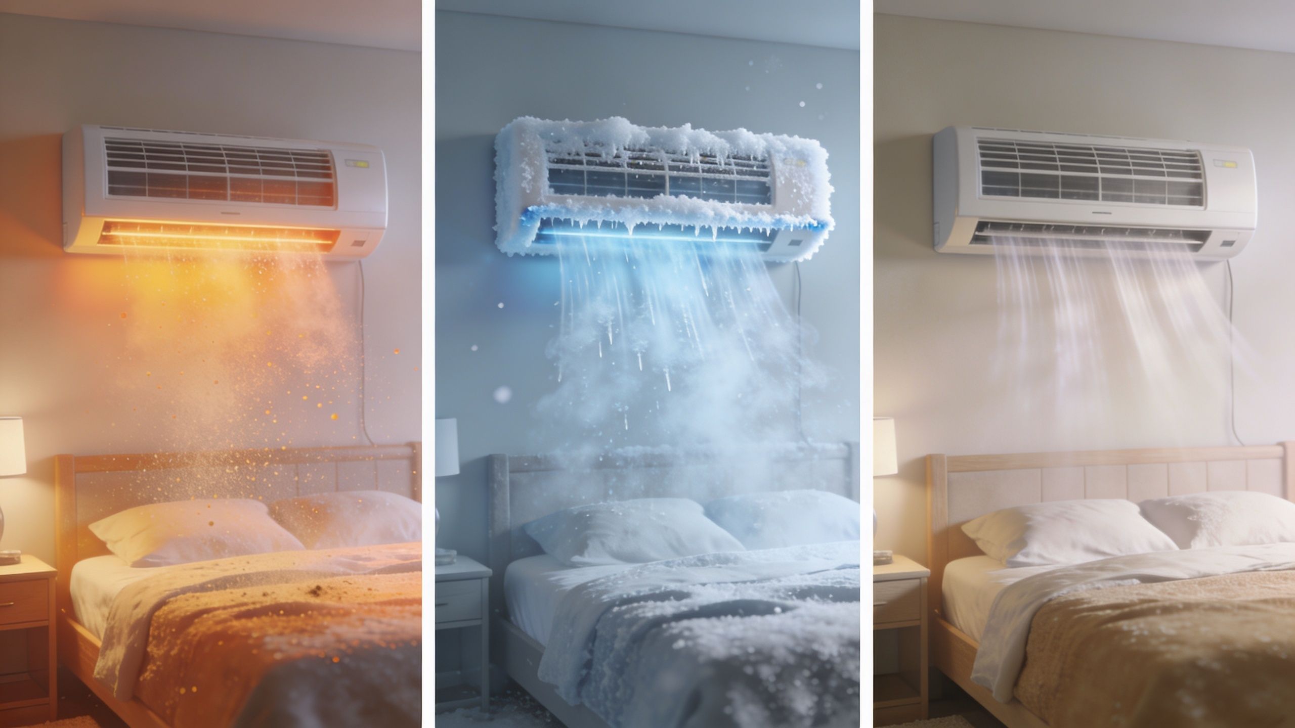 Tre forskellige indstillinger for et klimaanlæg i et soveværelse, der viser henholdsvis opvarmning, nedkøling og neutral luft.