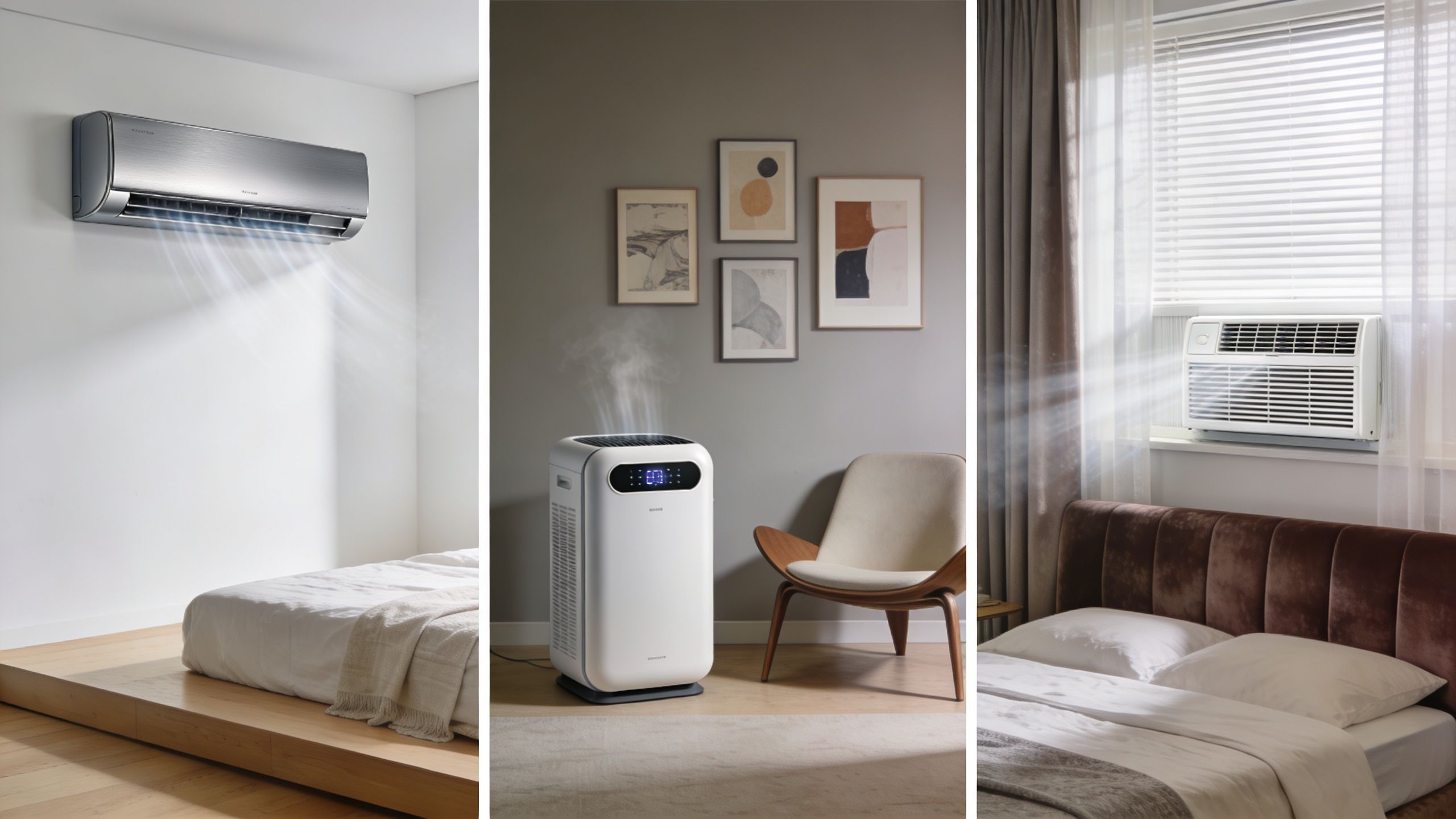 Tre forskellige typer klimaanlæg og luftrensere placeret i stilfulde moderne soveværelser for et behageligt indeklima.