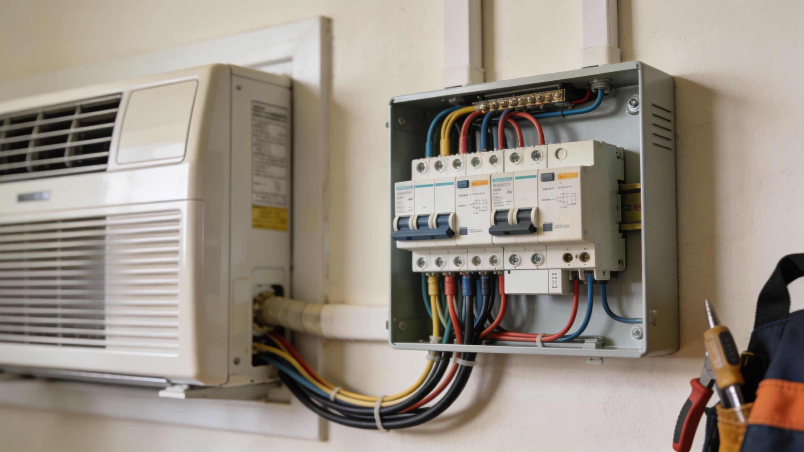 Et elektrisk sikringsskab monteret ved siden af et klimaanlæg på en hvid væg i et soveværelse.