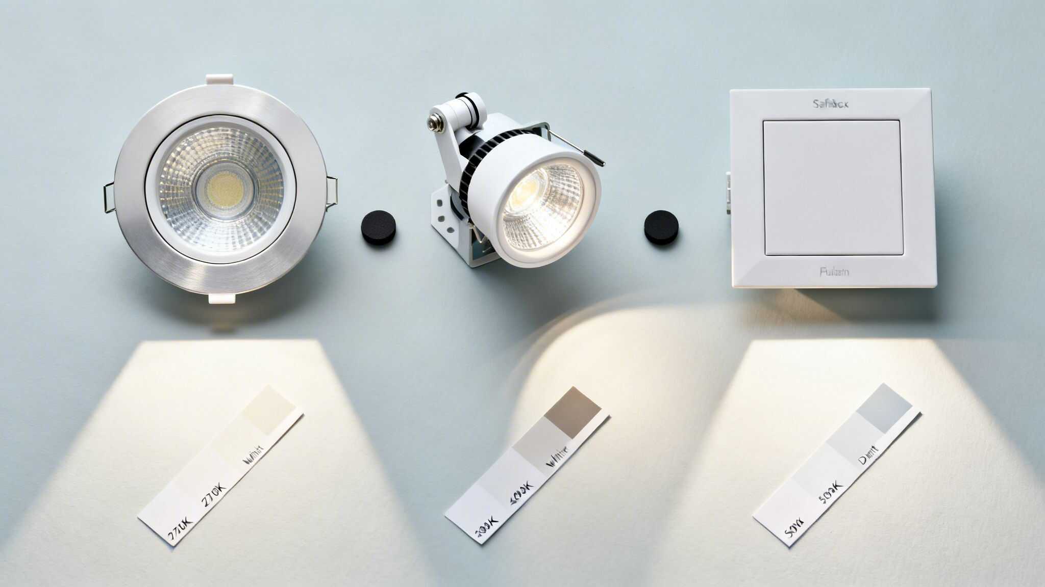 Tre forskellige LED-spotlights viser farvetemperaturer som varm hvid, naturlig hvid og dagslys.