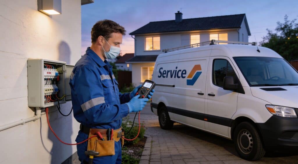 Elektriker med tablet, udfører serviceopgave ved el-tavle.