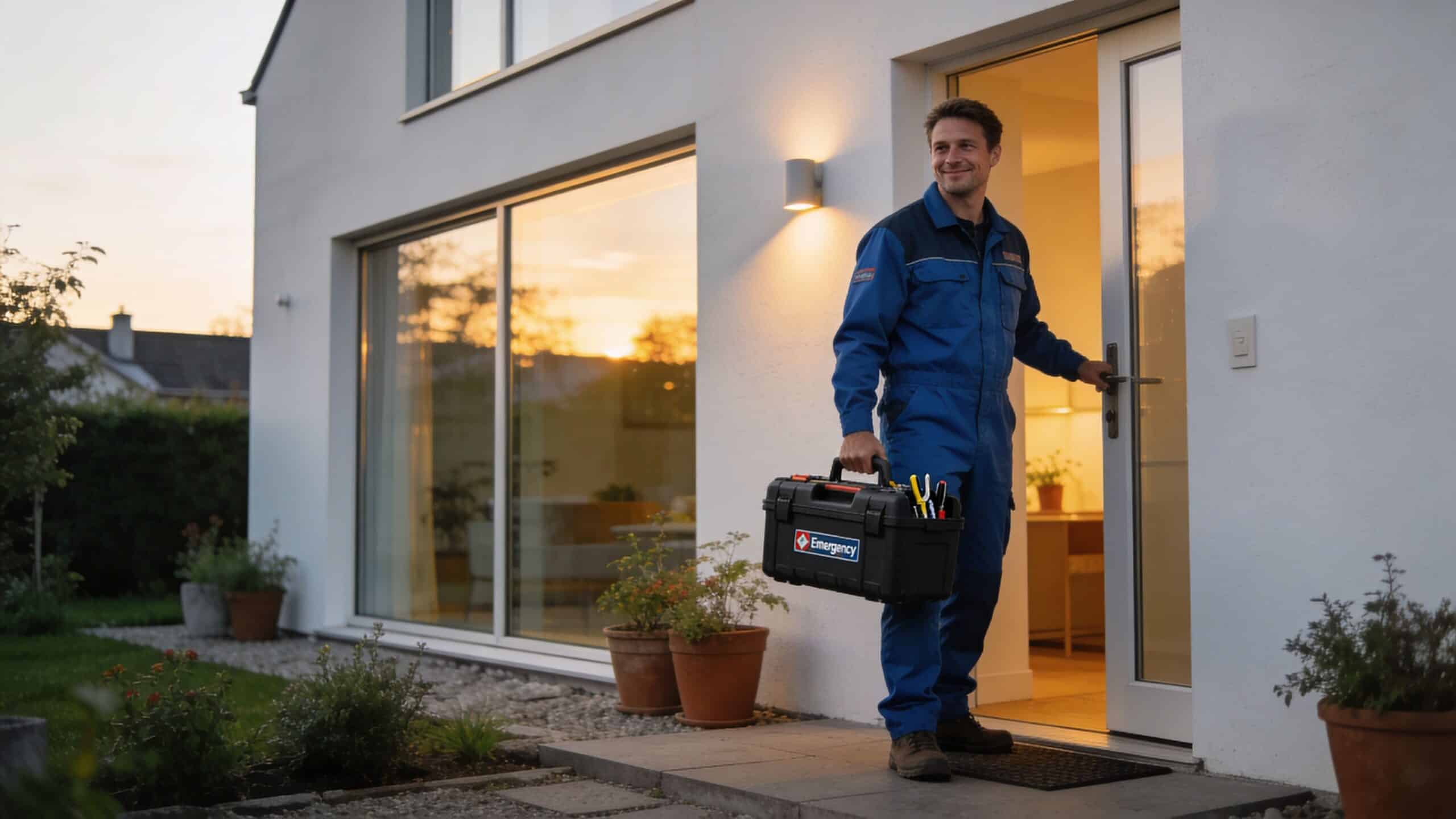 Elektriker i Birkerød står ved døren med værktøjskasse til el-arbejde.