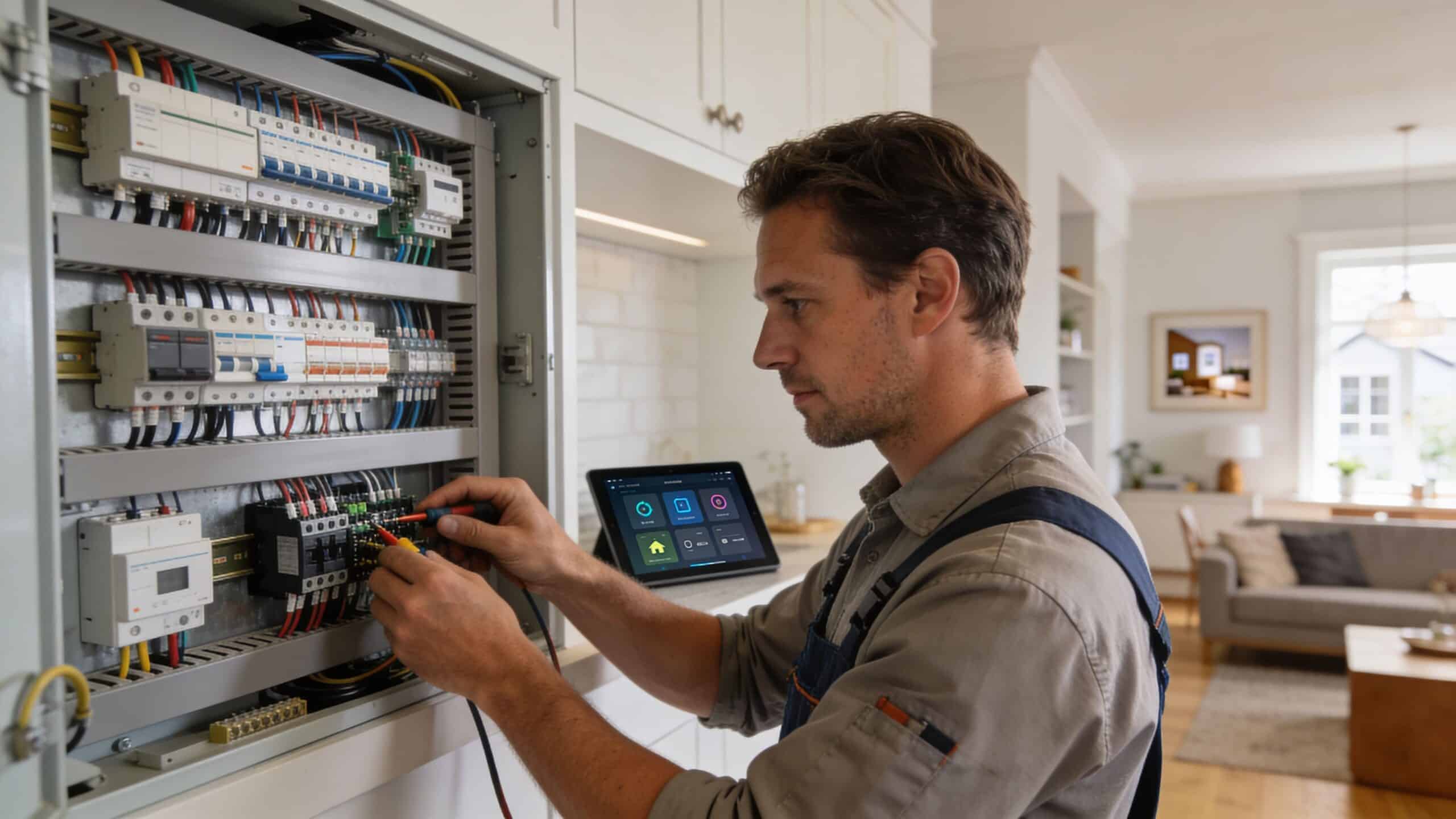 Elektriker arbejder med el-udstyr i et hjem i Birkerød, fokus på sikkerhed og professionel service.