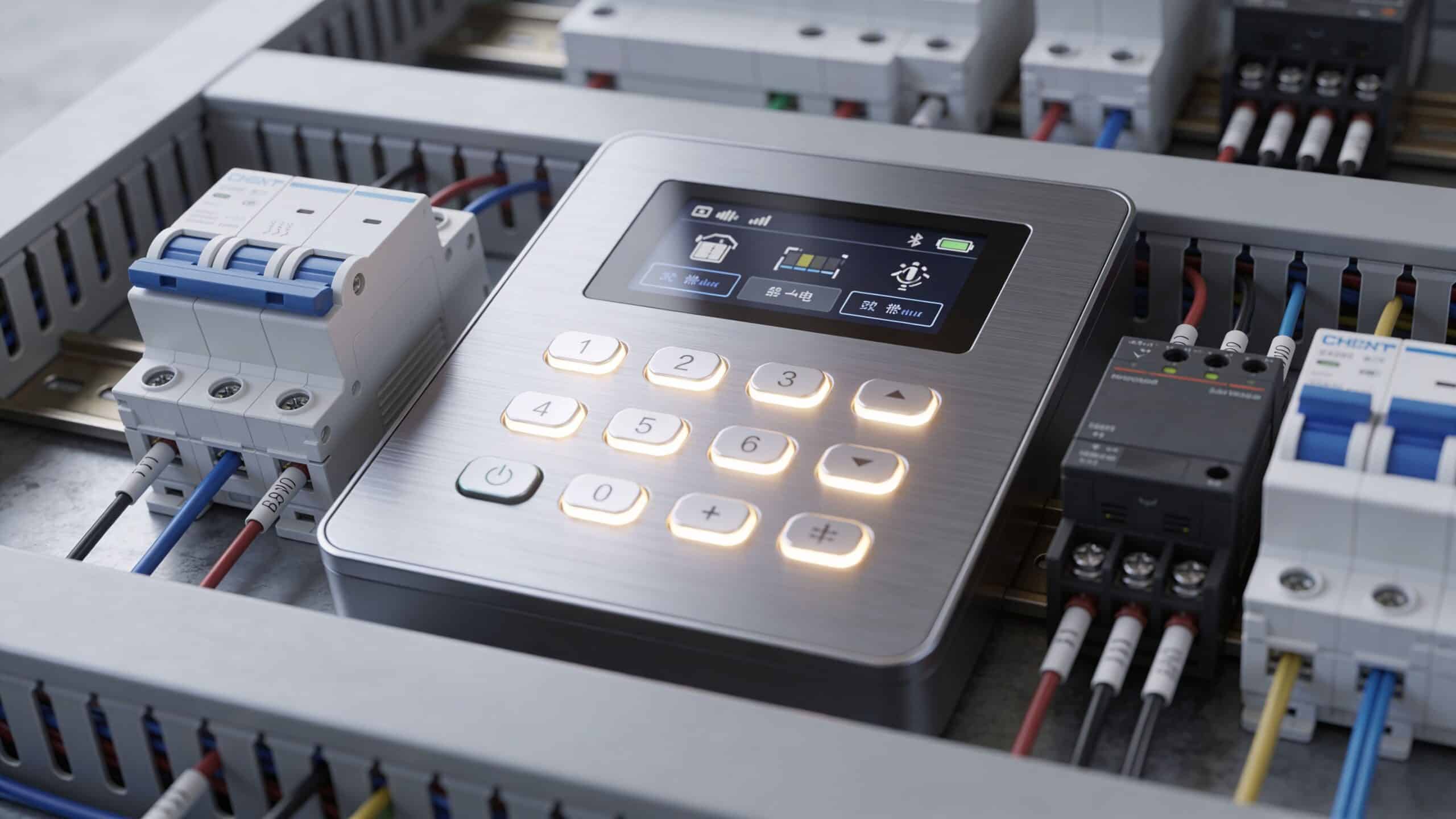 Et avanceret digitalt kontrolpanel installeret i en elektrisk tavle med ledninger og sikringsmoduler til styring af elinstallationer.