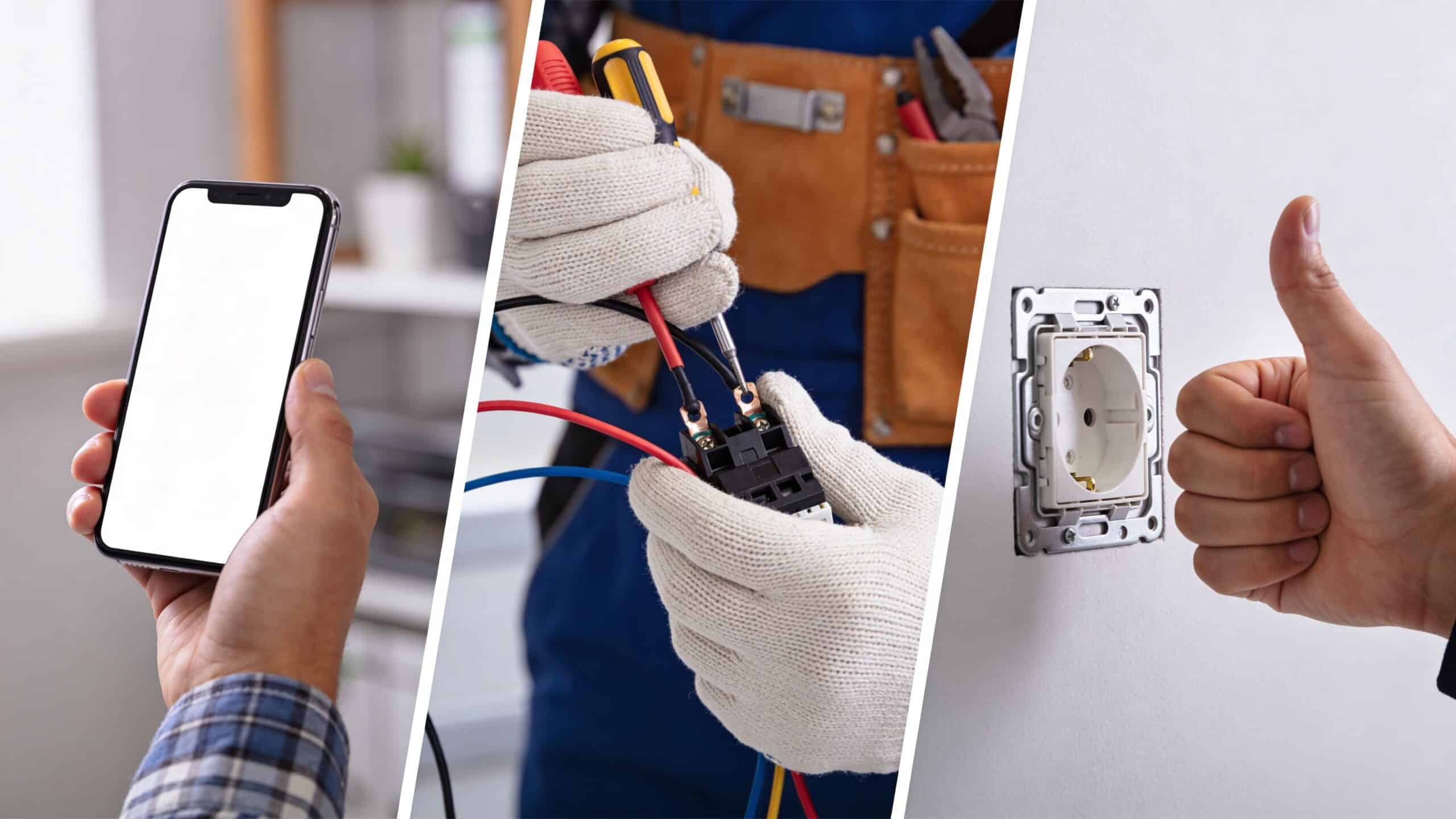 En person bruger en smartphone, mens en elektriker reparerer en stikkontakt og viser en tommelfinger op.