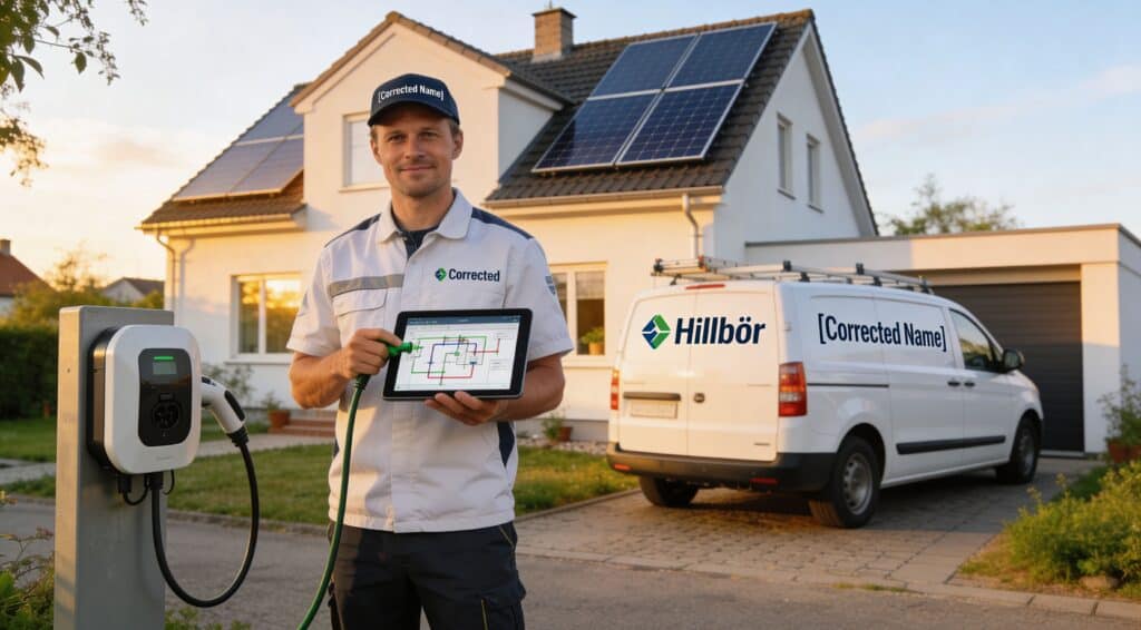 Solcelleinstallatør med tablet foran hus med solpaneler.