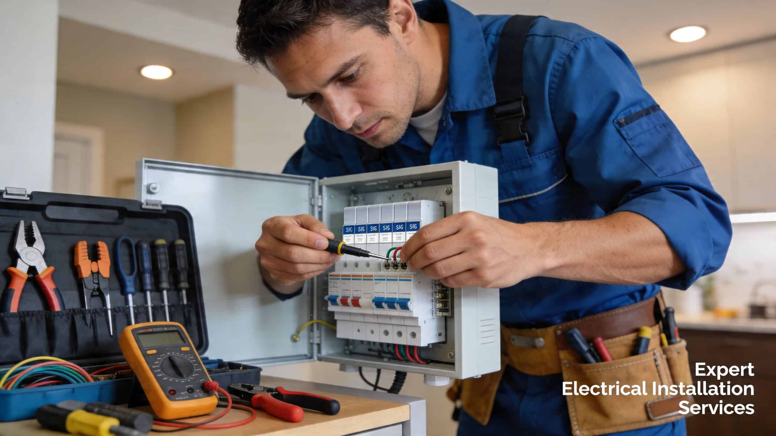 En professionel elektriker arbejder fokuseret på at installere og vedligeholde et moderne el-tavleanlæg i et hjem.