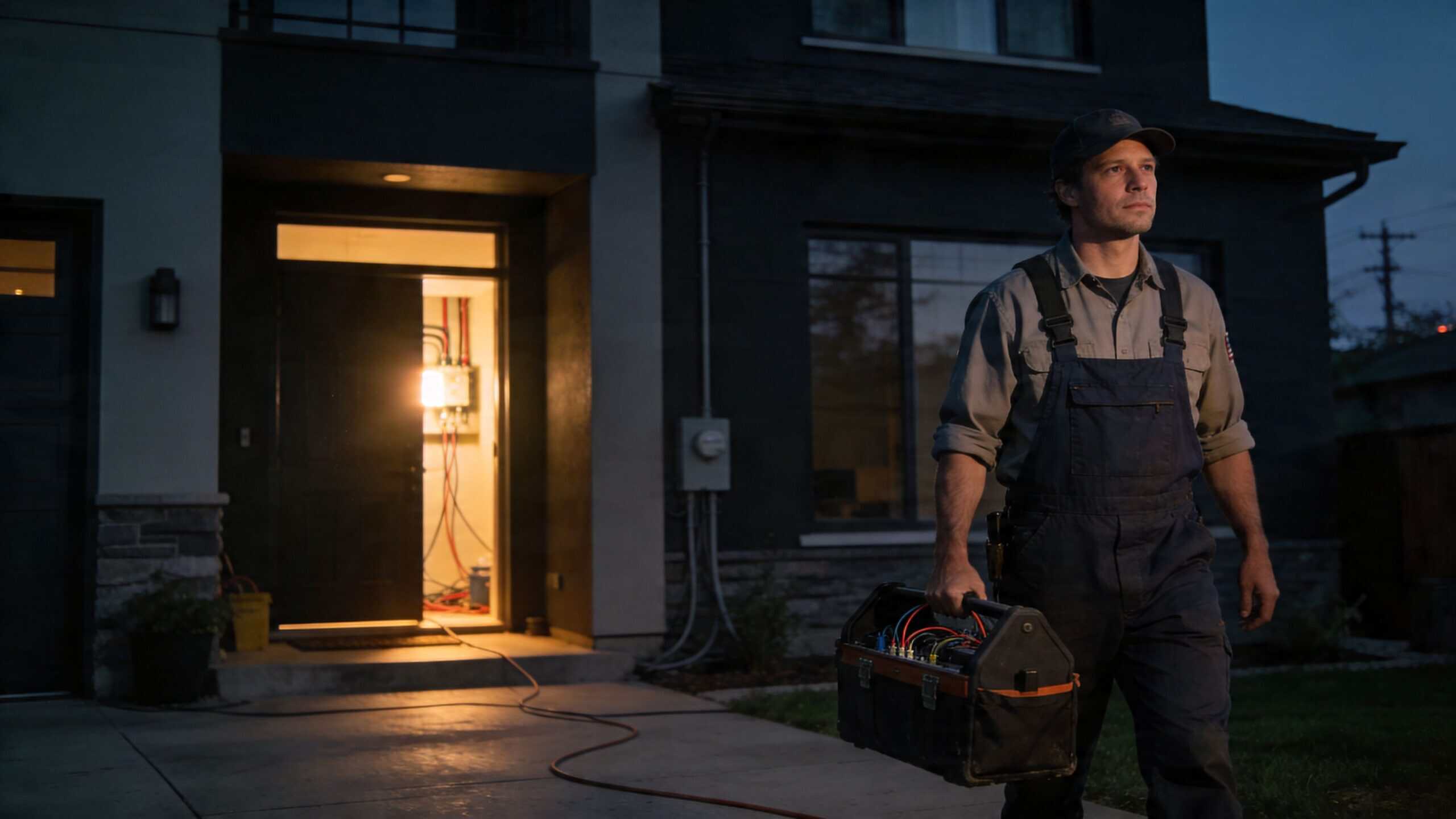 En professionel elektriker bærer værktøjskasse foran et mørkt hus med lys fra en åben dør.