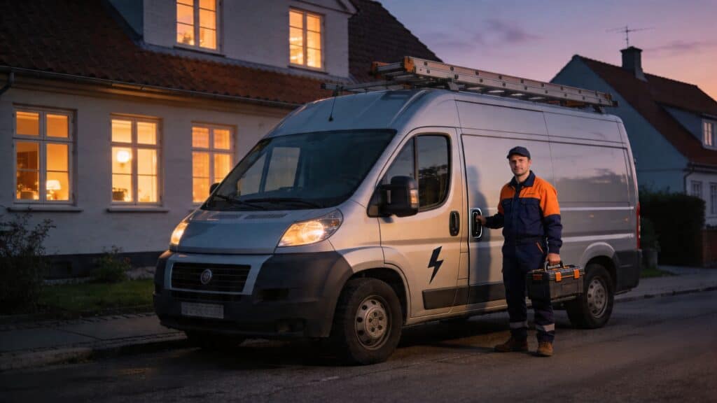 Elektriker med servicebil fra El-Team Sjælland om aftenen.