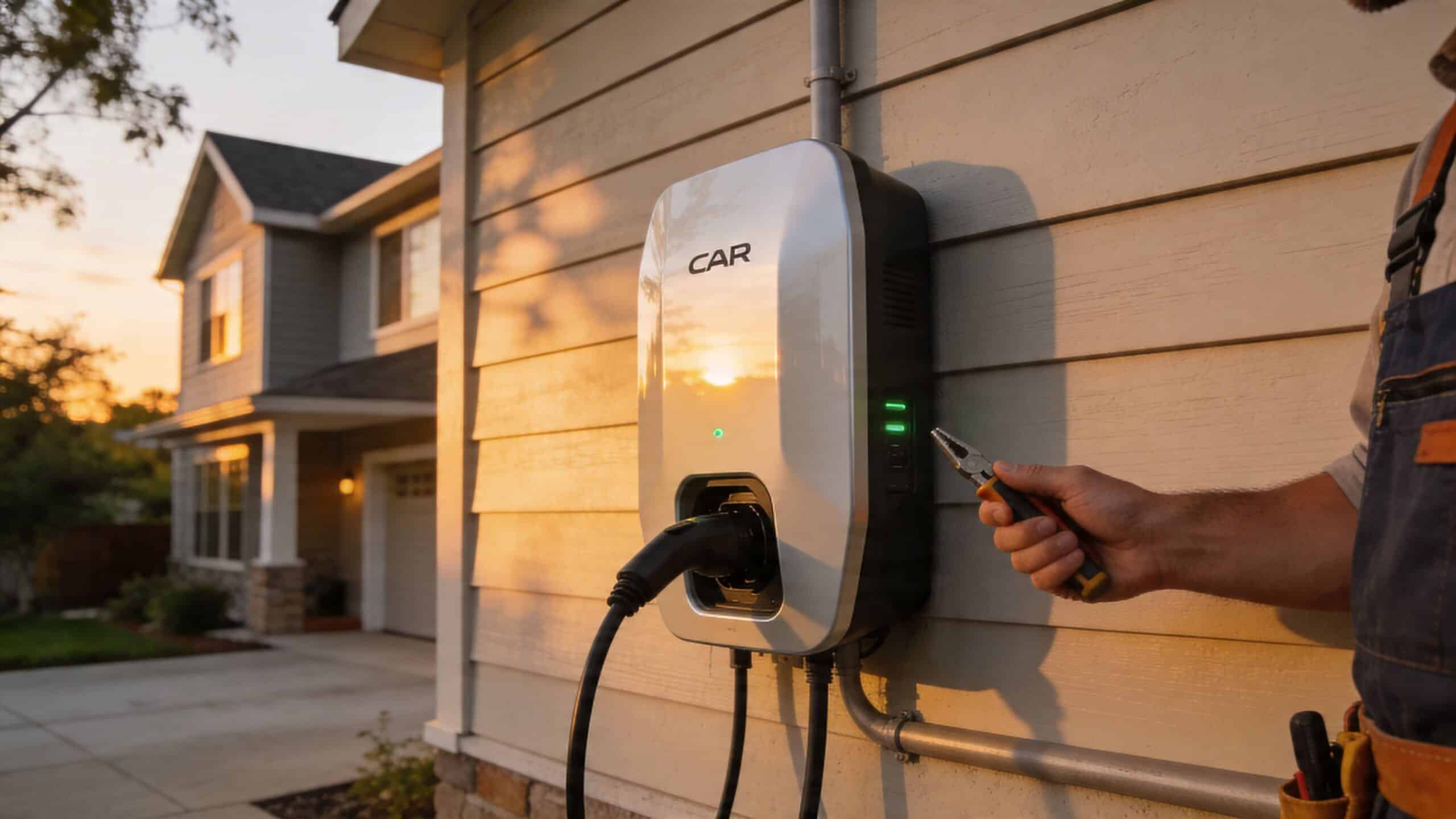 Elektriker i Køge monterer ladestander til elbil på husvæggen.