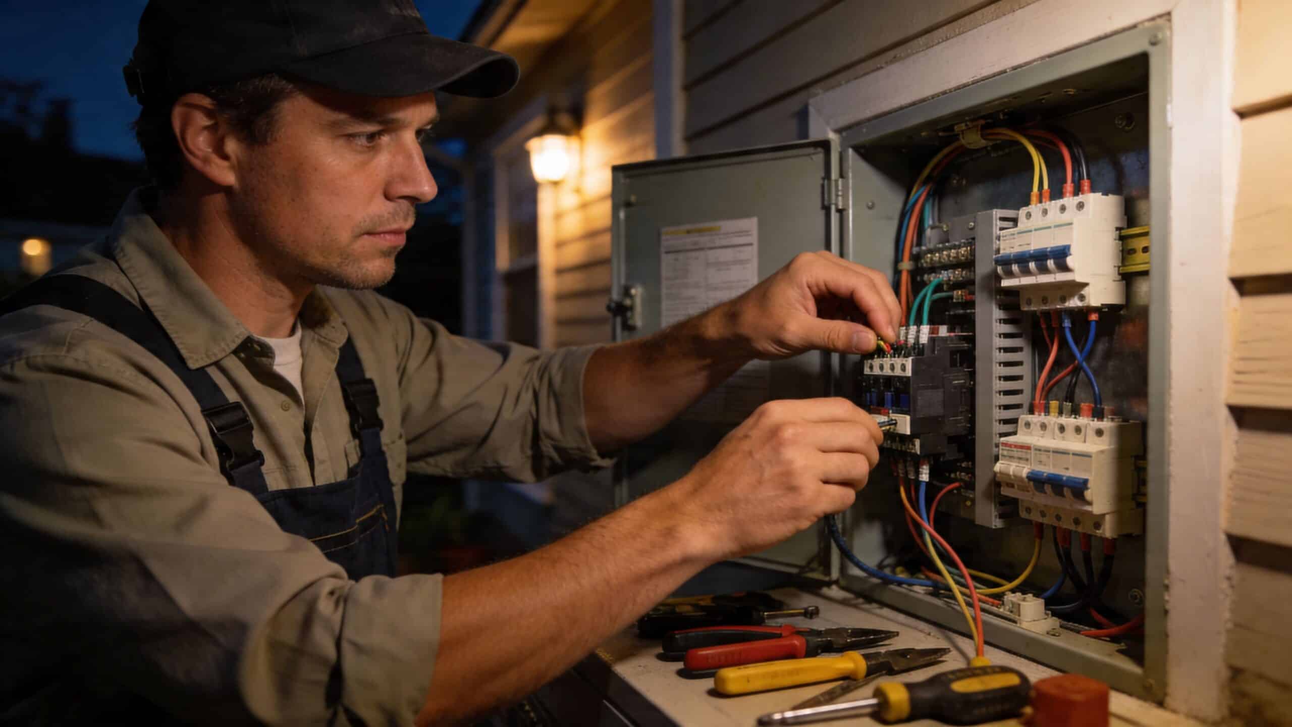 En professionel elektriker arbejder fokuseret på at reparere et elektrisk sikringsskab udenfor en bolig om aftenen.