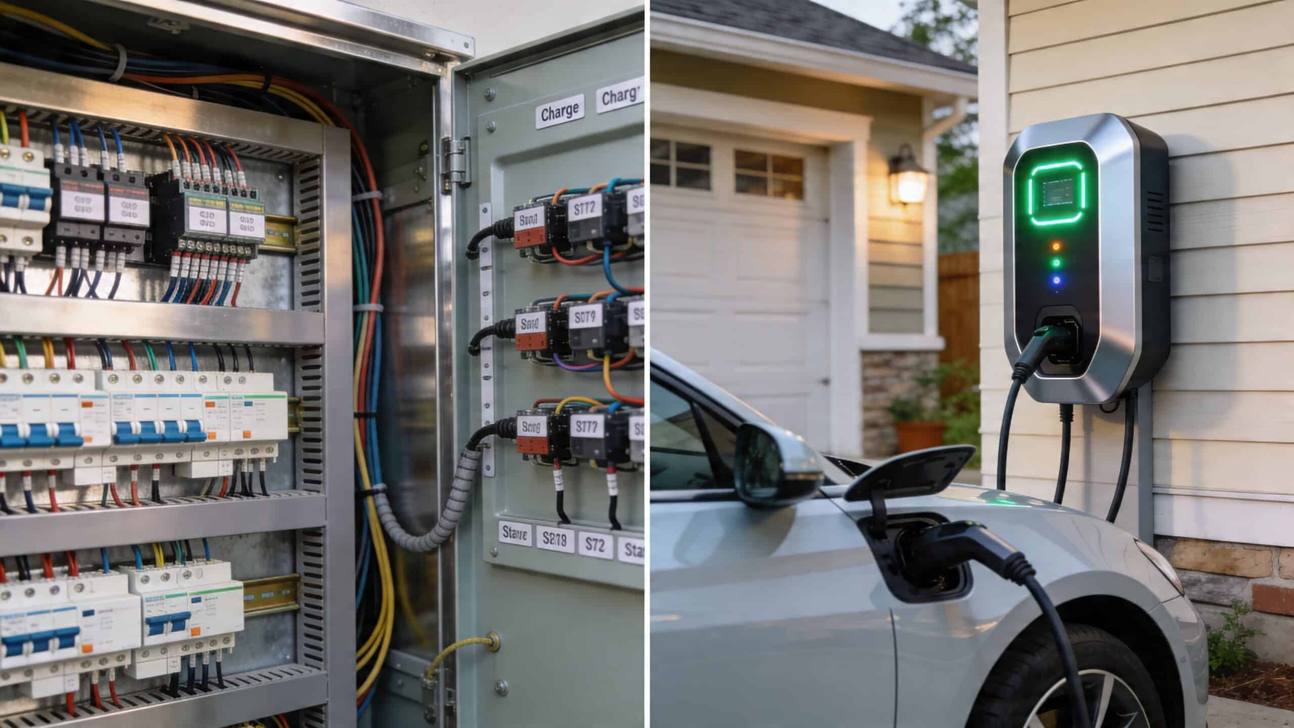 En elektrisk installationstavle ved siden af en bil, der oplades af en vægmonteret elbiloplader ved et hus.