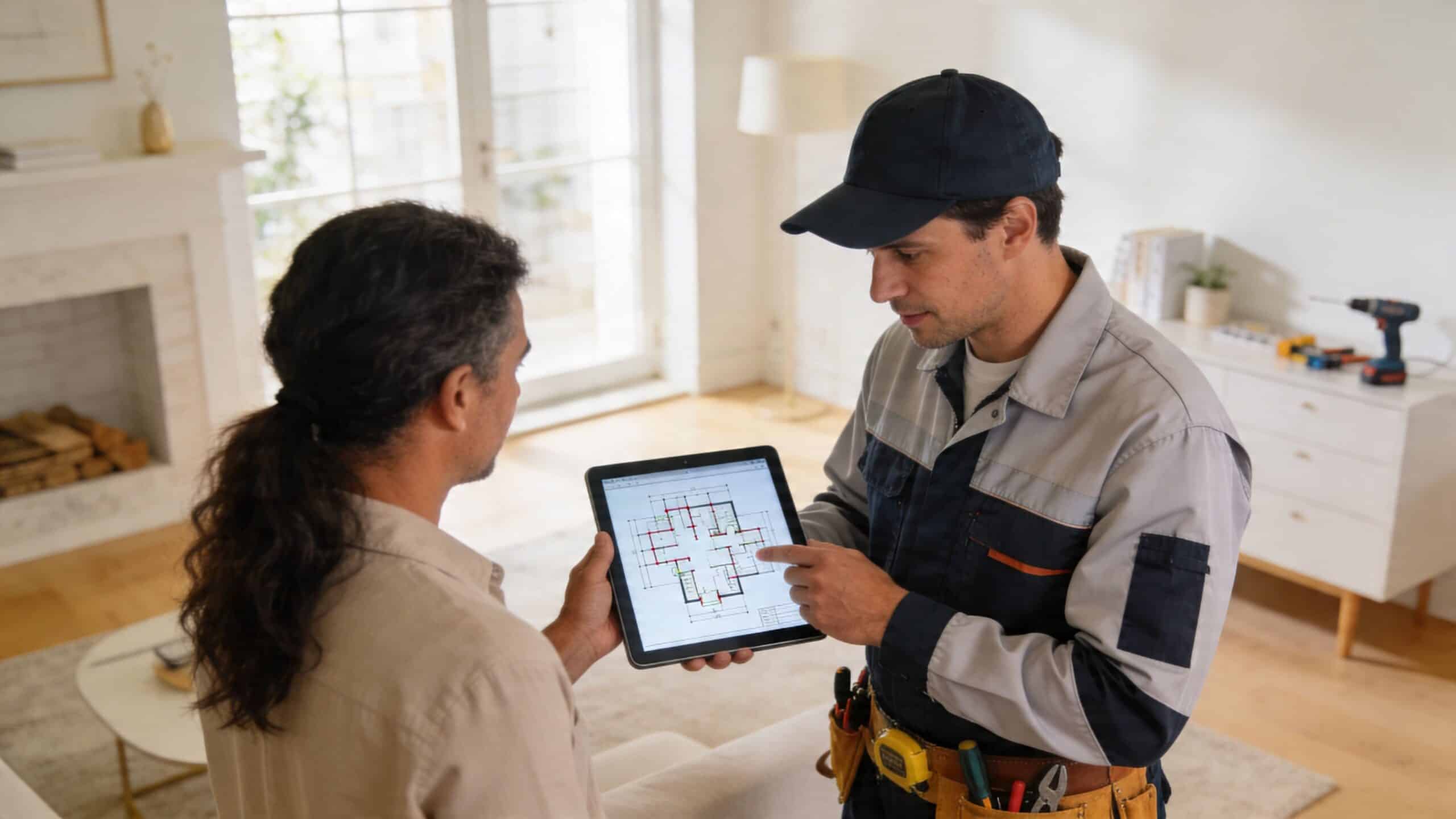 En elektriker gennemgår en plantegning på en tablet sammen med en kunde i en moderne stue.