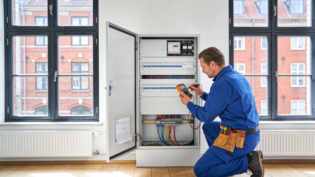 Elektriker inspicerer el-tavle i moderne kontorlokale på Sjælland.