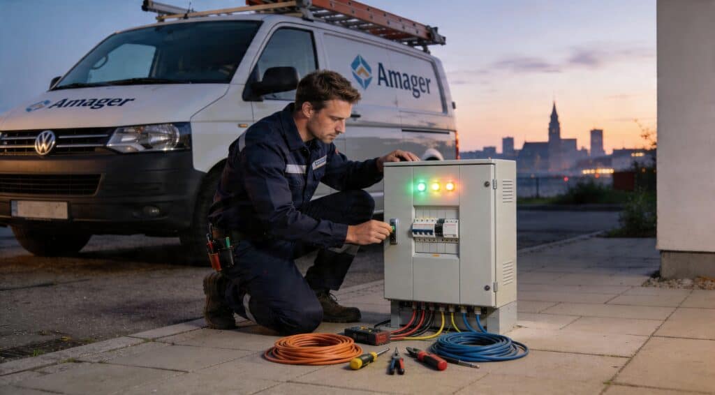 Elektriker arbejder med el-udstyr foran en El-Team servicebil i København.