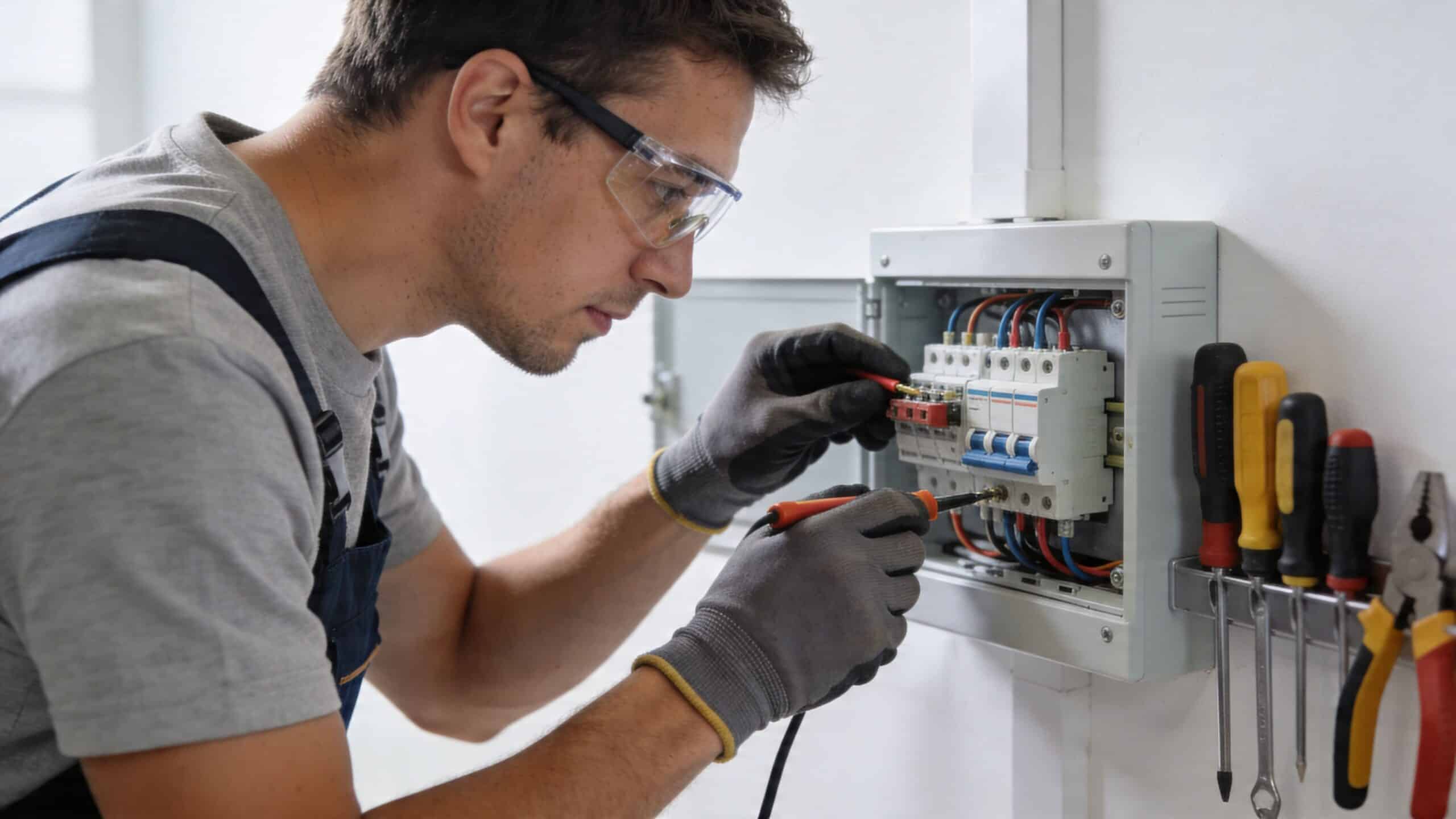 En professionel elektriker er koncentreret om at udføre sikkerhedstjek af en elektrisk tavle ved hjælp af måleinstrumenter.