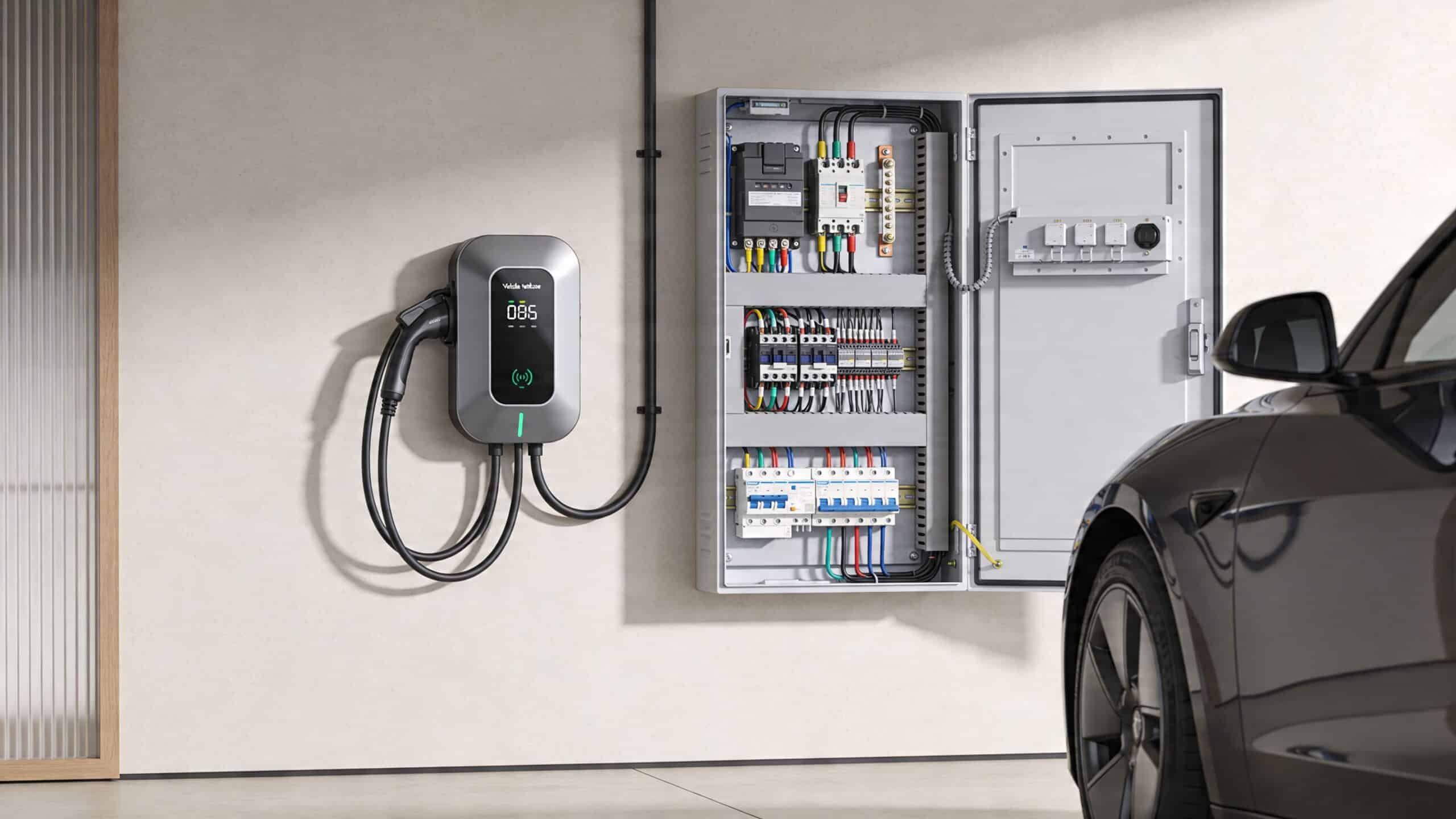 En moderne elbil-lader monteret på en væg ved siden af et åbent elektrisk kontrolpanel i en garage.