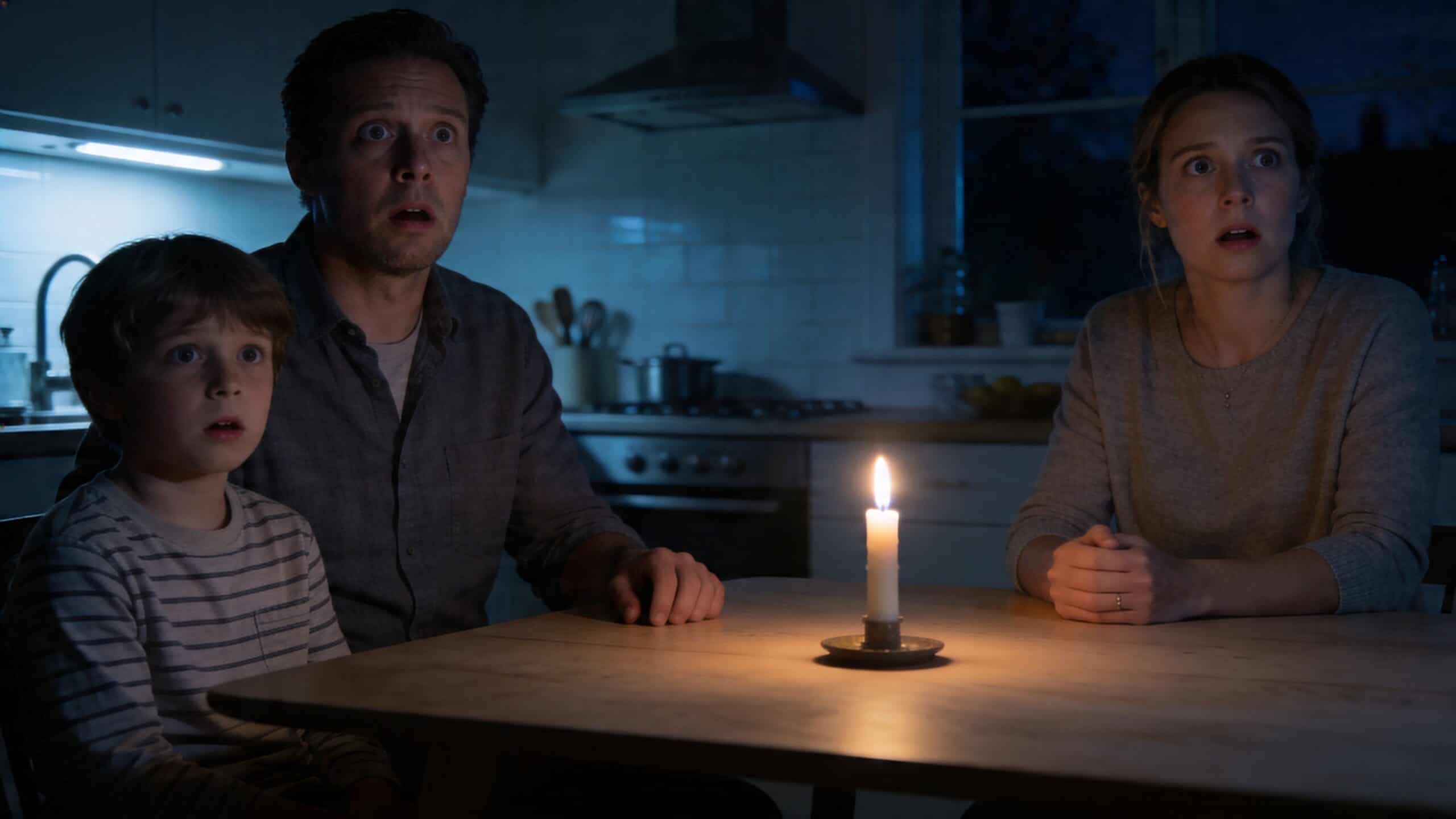 En familie sidder omkring et tændt stearinlys i et mørkt køkken under et uventet strømsvigt i hjemmet.