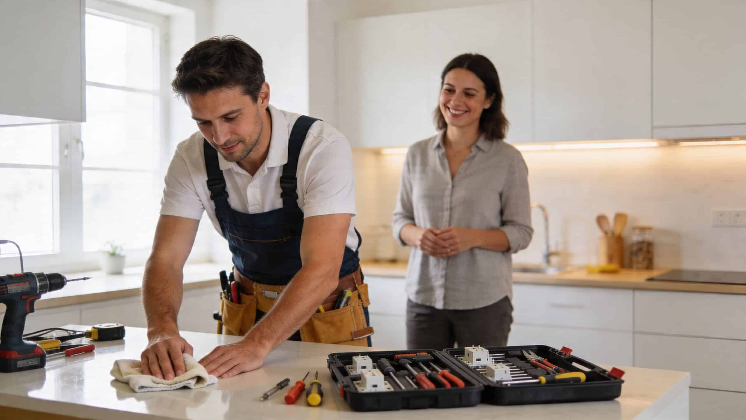 En professionel elektriker rengør køkkenbordet efter endt arbejde, mens en smilende kunde ser til i baggrunden.