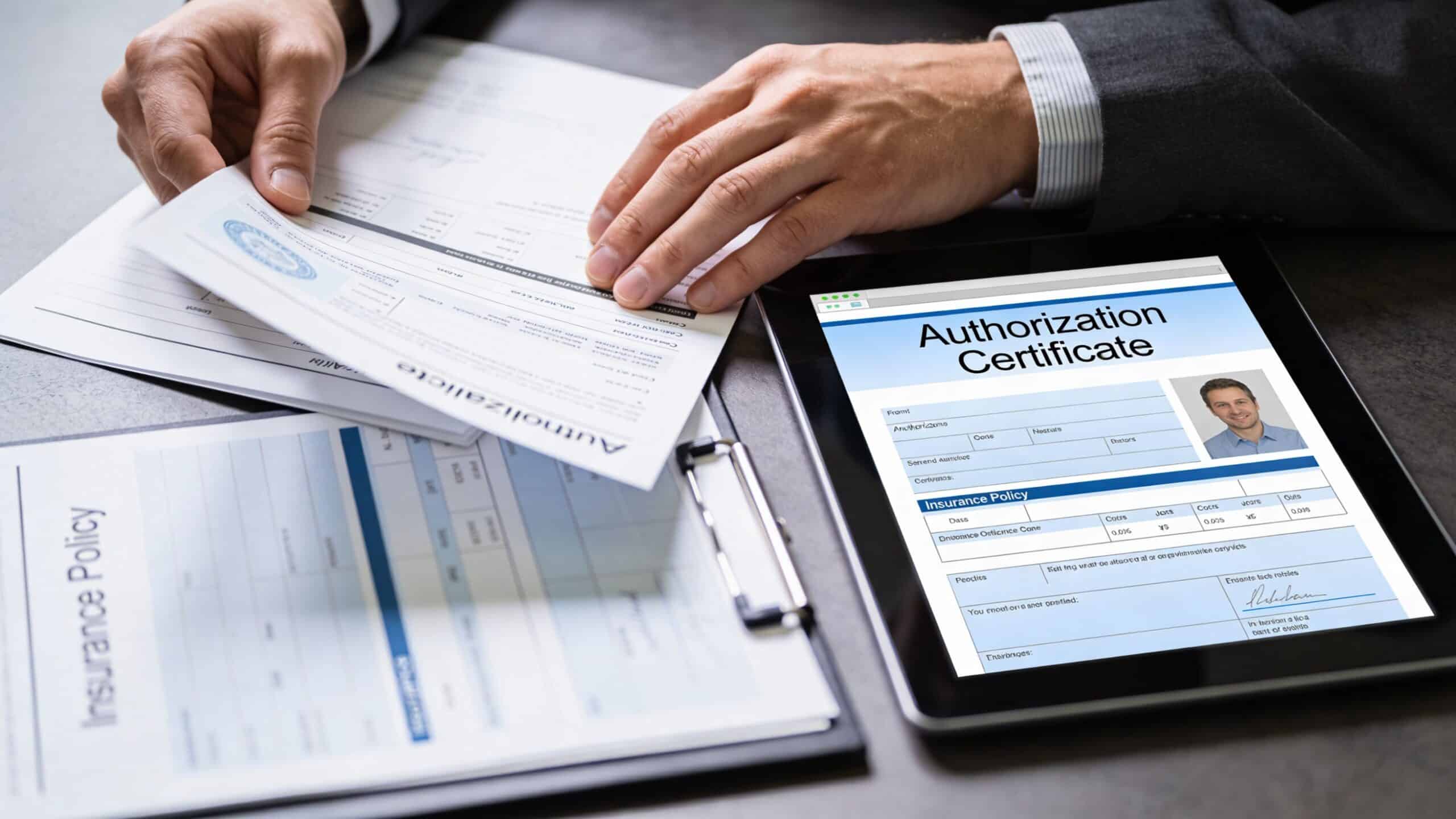 En forretningsmand, der gennemgår forsikringsdokumenter og en digital autorisationsattest på en tablet ved et skrivebord.