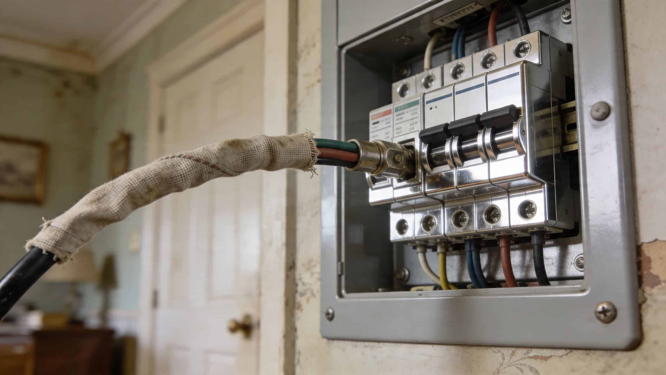 Et elektrisk sikringsskab med synlige ledninger monteret på en slidt væg i et ældre boligmiljø.