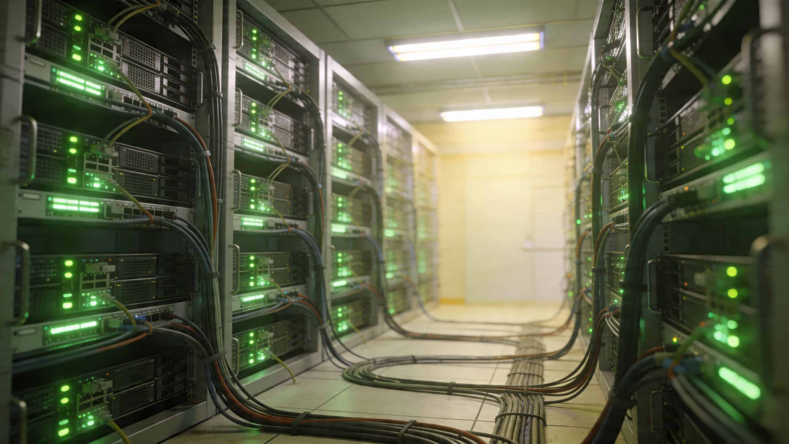 En række servere i et datacenter med oplyste grønne lamper og mange sorte kabler på gulvet