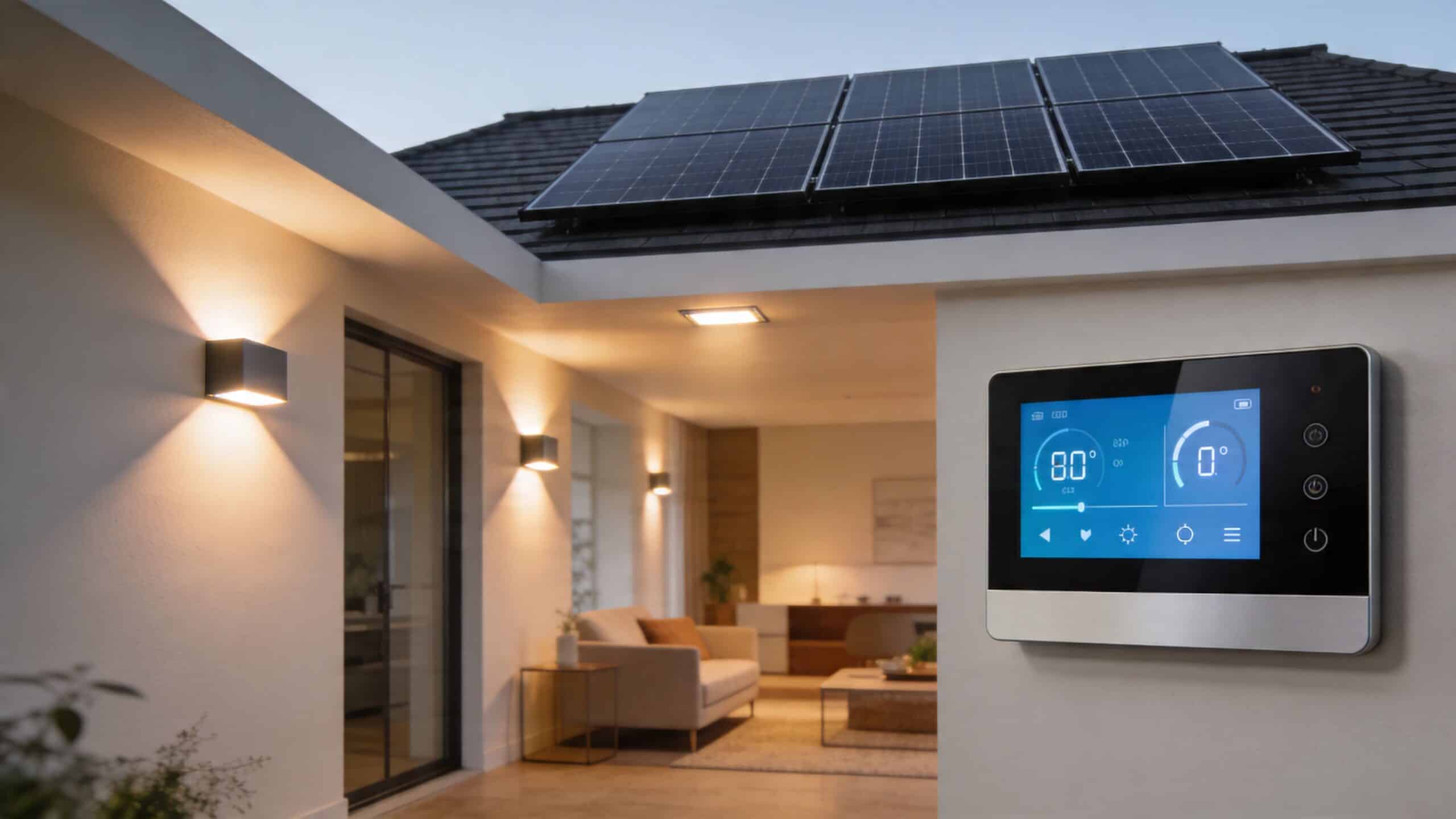 Moderne smarthome-styringsenhed monteret på en husvæg med solpaneler på taget og udsigt til stuen.