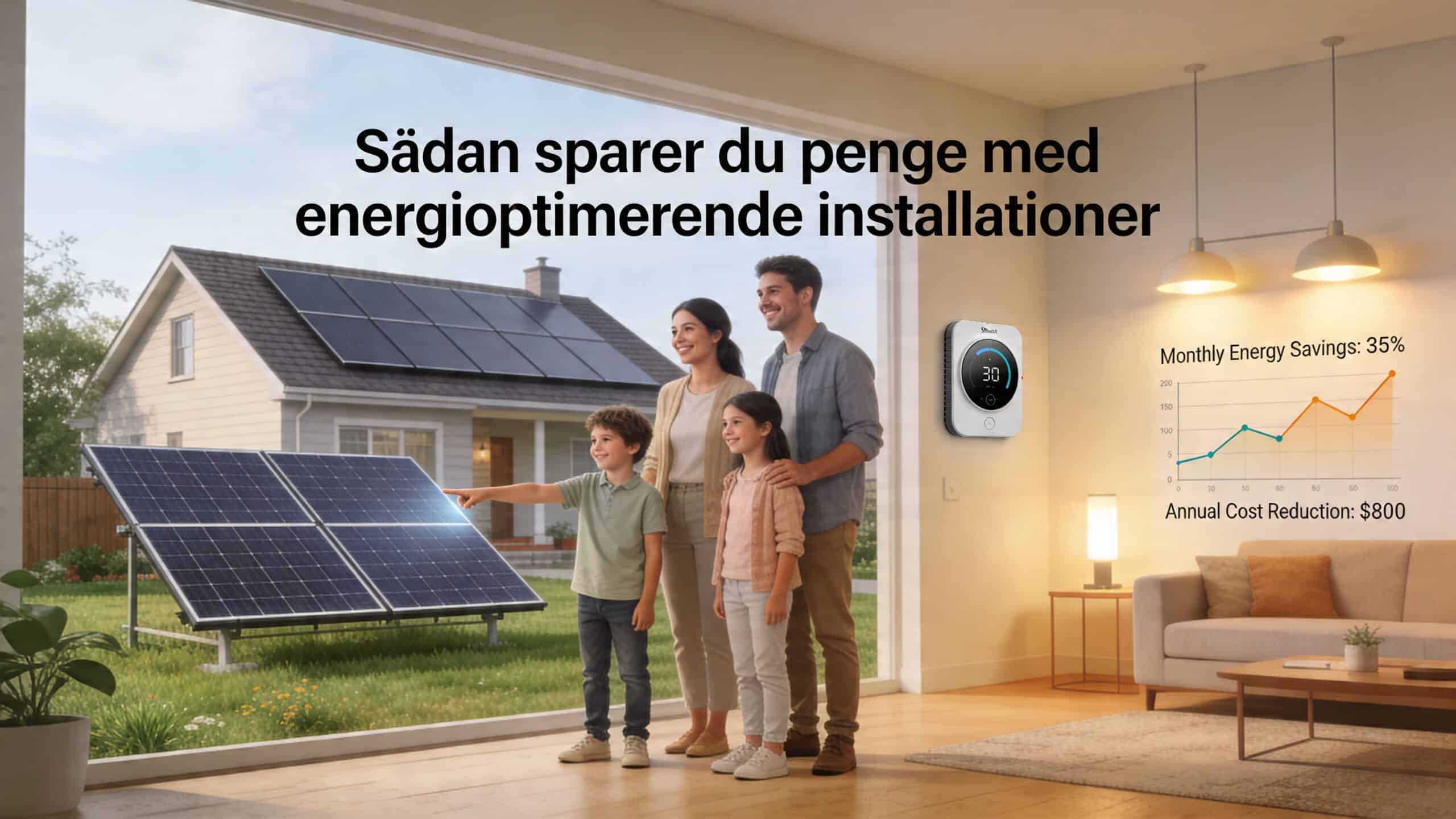 En familie ser ud på deres solcelleanlæg gennem et stort vindue, mens en energimåler viser besparelser.