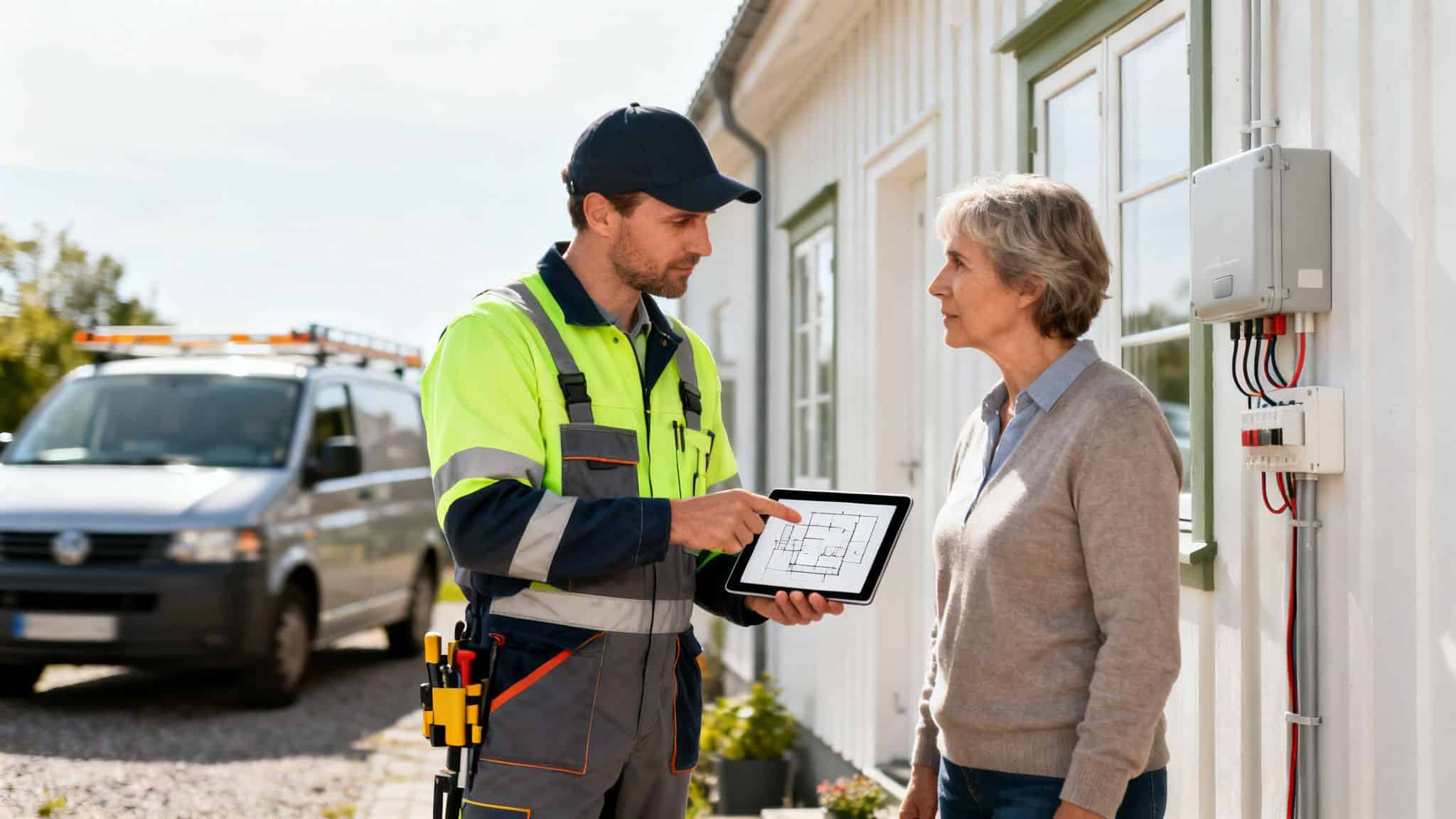 Elektriker fra El-Team Sjælland rådgiver ældre kvinde om el-installationer.