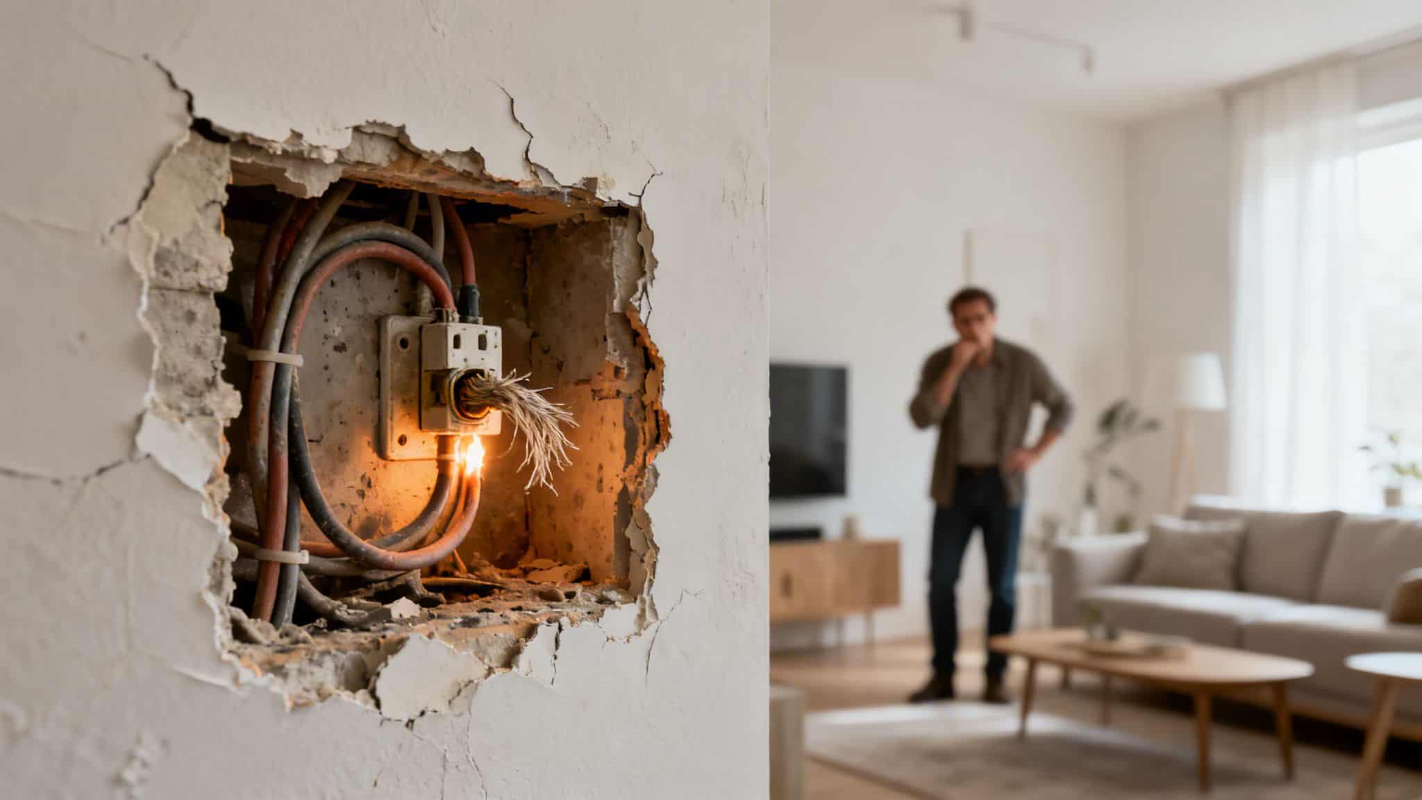 Ueksponerede elektriske ledninger gnister i en væg med en bekymret mand i baggrunden.