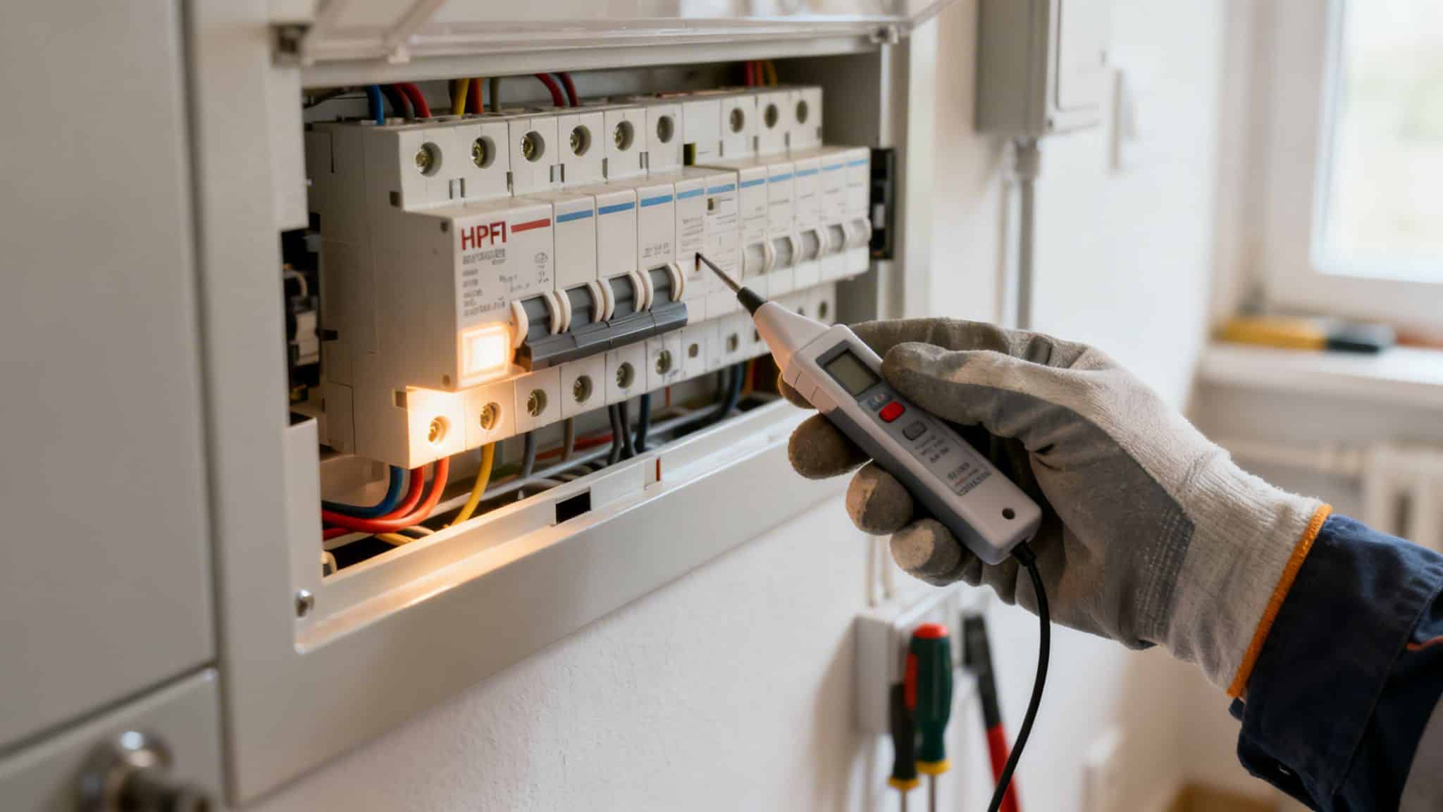 En elektriker i handsker kontrollerer en el-tavle med en spændingstester, mens en sikring lyser under test.