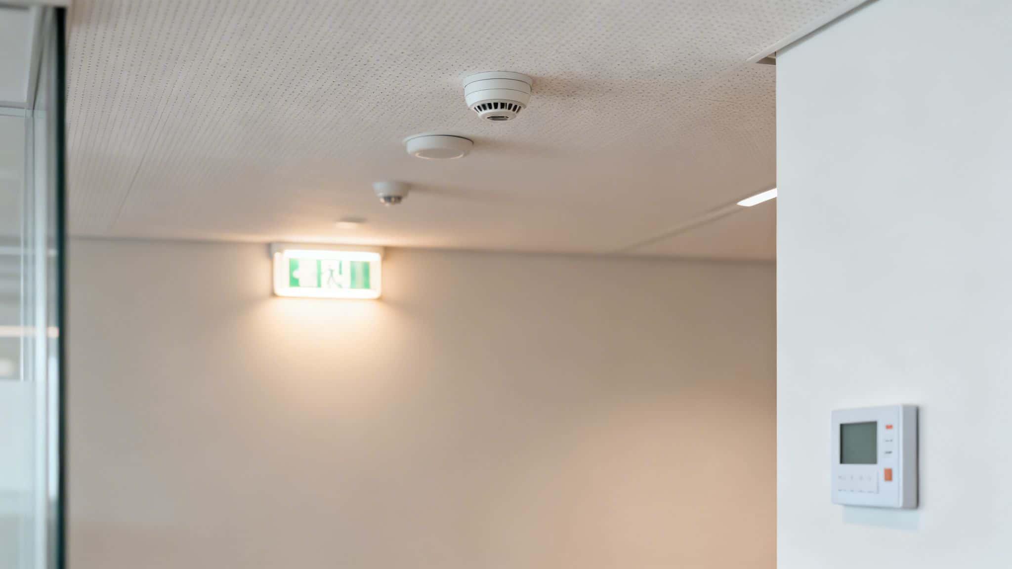 Loft med tre hvide røgdetektorer, et grønt nødudgangsskilt og et temperaturkontrolpanel på væggen.