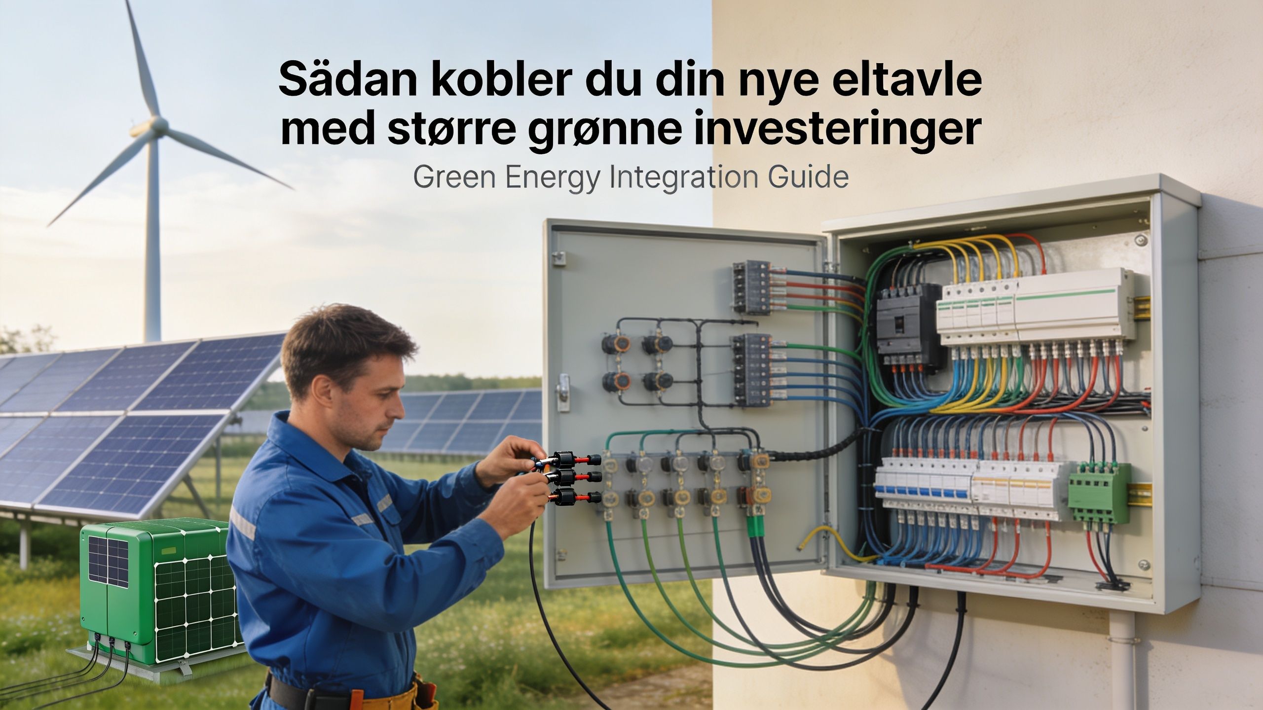 En elektriker installerer en ny eltavle i et anlæg med solceller og en vindmølle i baggrunden.