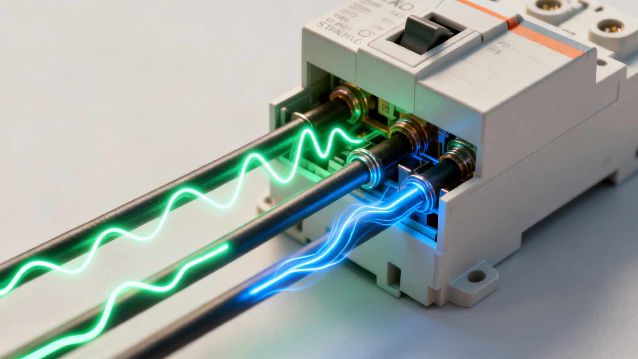 Elektriske ledninger med grøn og blå energi forbundet til en sikringsgruppe, symboliserende strøm og spænding.