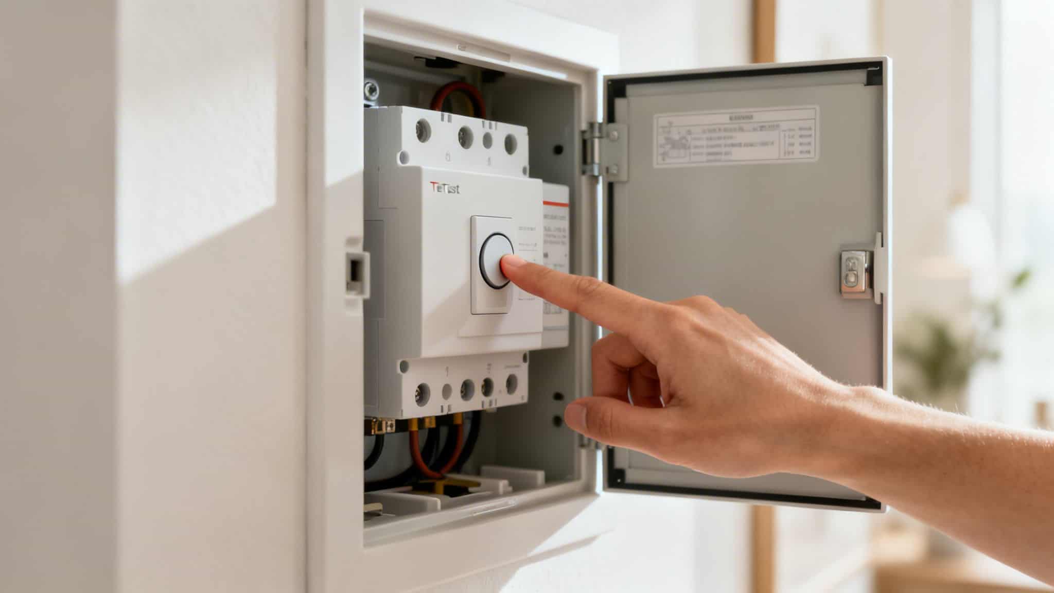 Person der betjener en elektrisk sikringsboks med HFI- eller HPFI-relæ.