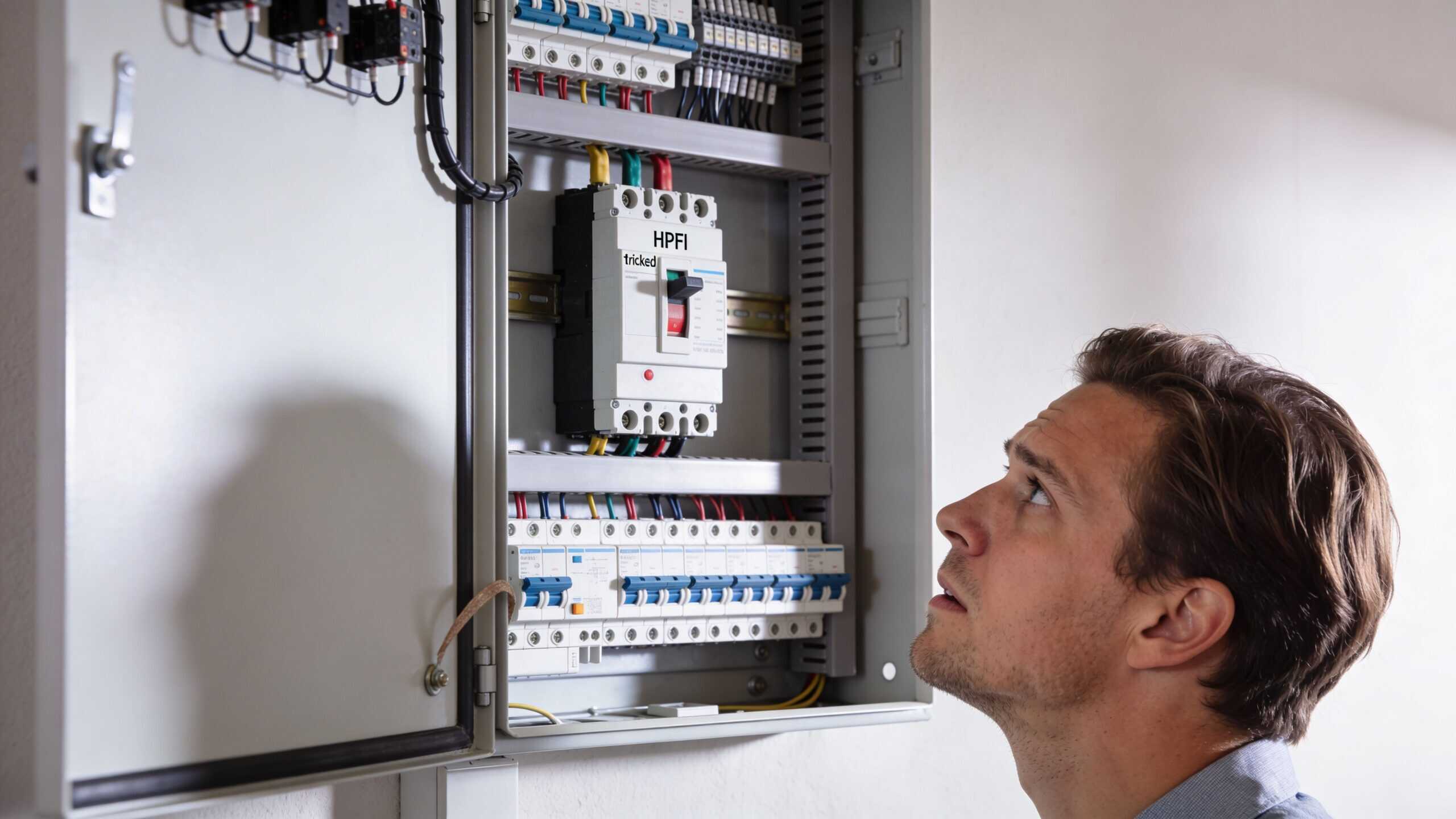 En elektriker ser opmærksomt på et åbent elskab med HPFI-relæ for at foretage fejlsøgning af installationen.