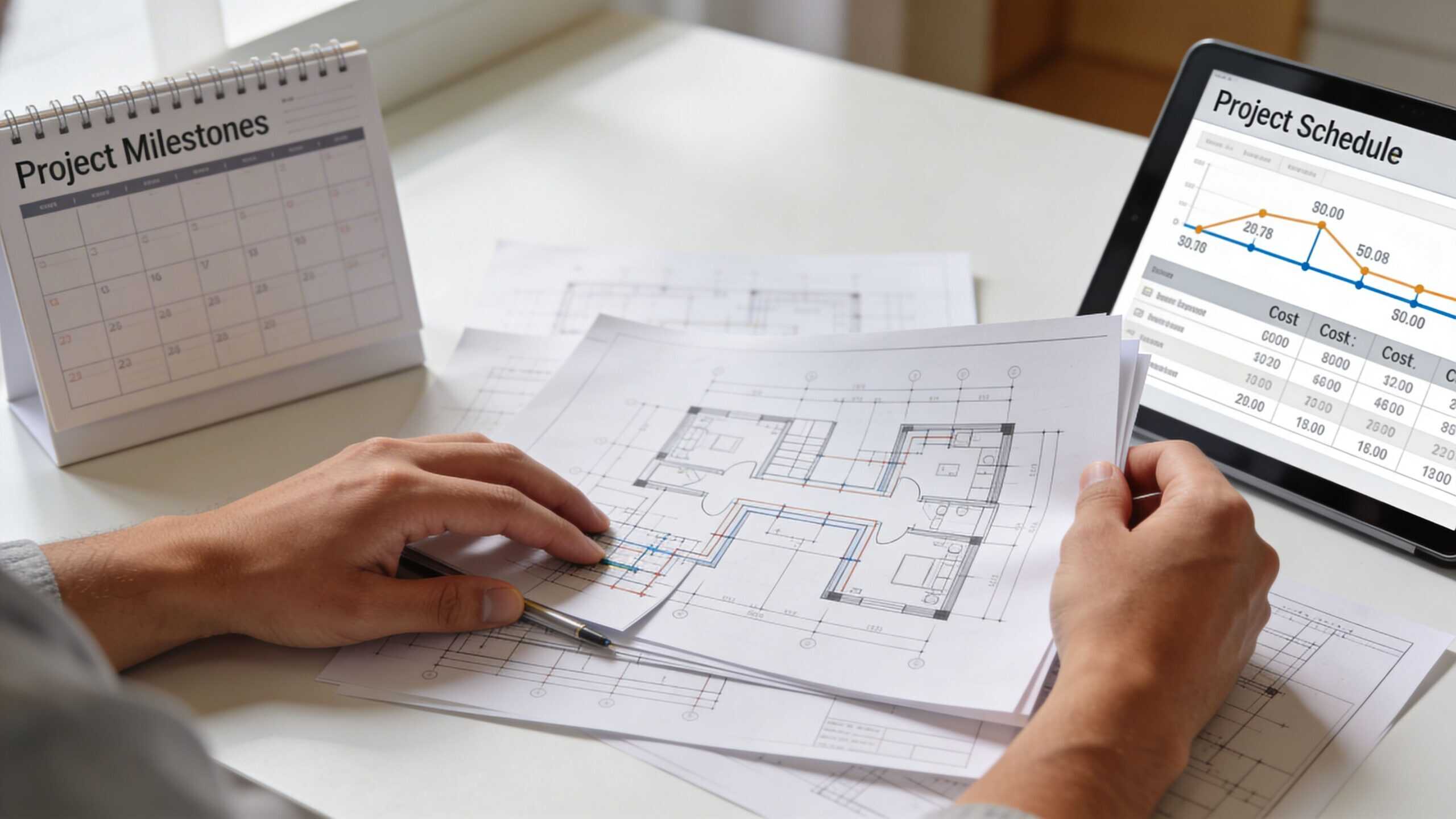 Elektrikerplanlægning med projektplaner og tidsplan på tablet og papir.