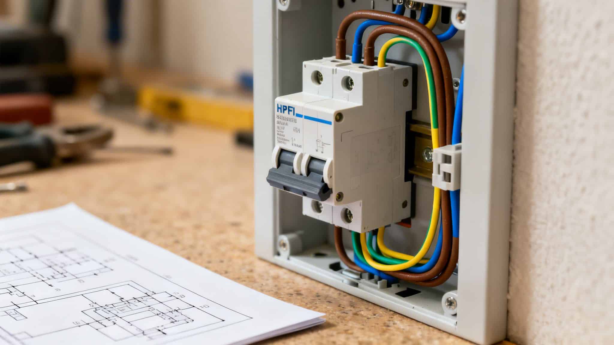 Tæt på et HPFI relæ i et el-panel med farvede ledninger og et elektrisk diagram på bordet.