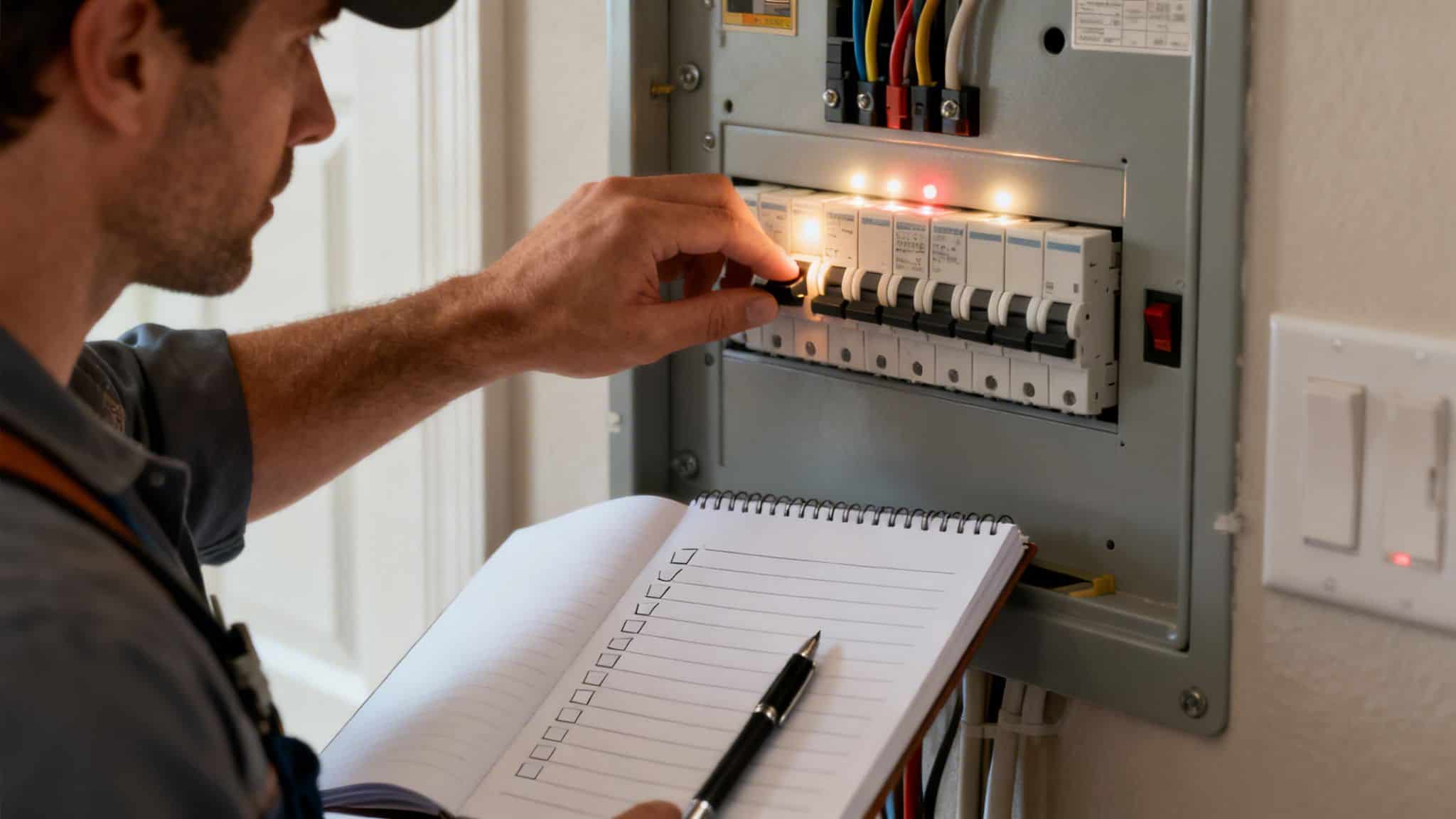 Elektriker tester relæ diagram i elskab med notesbog.