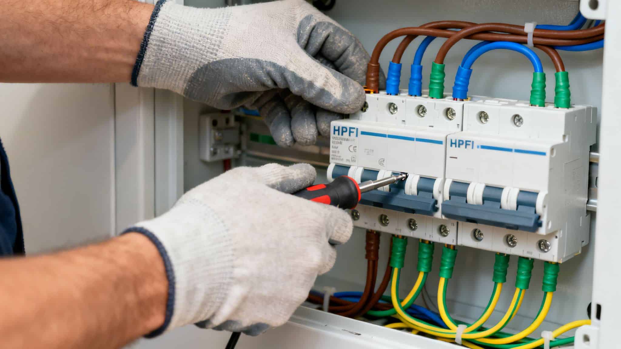 Billedet viser en elektriker, der arbejder med et HPFI relæ i et elskab.