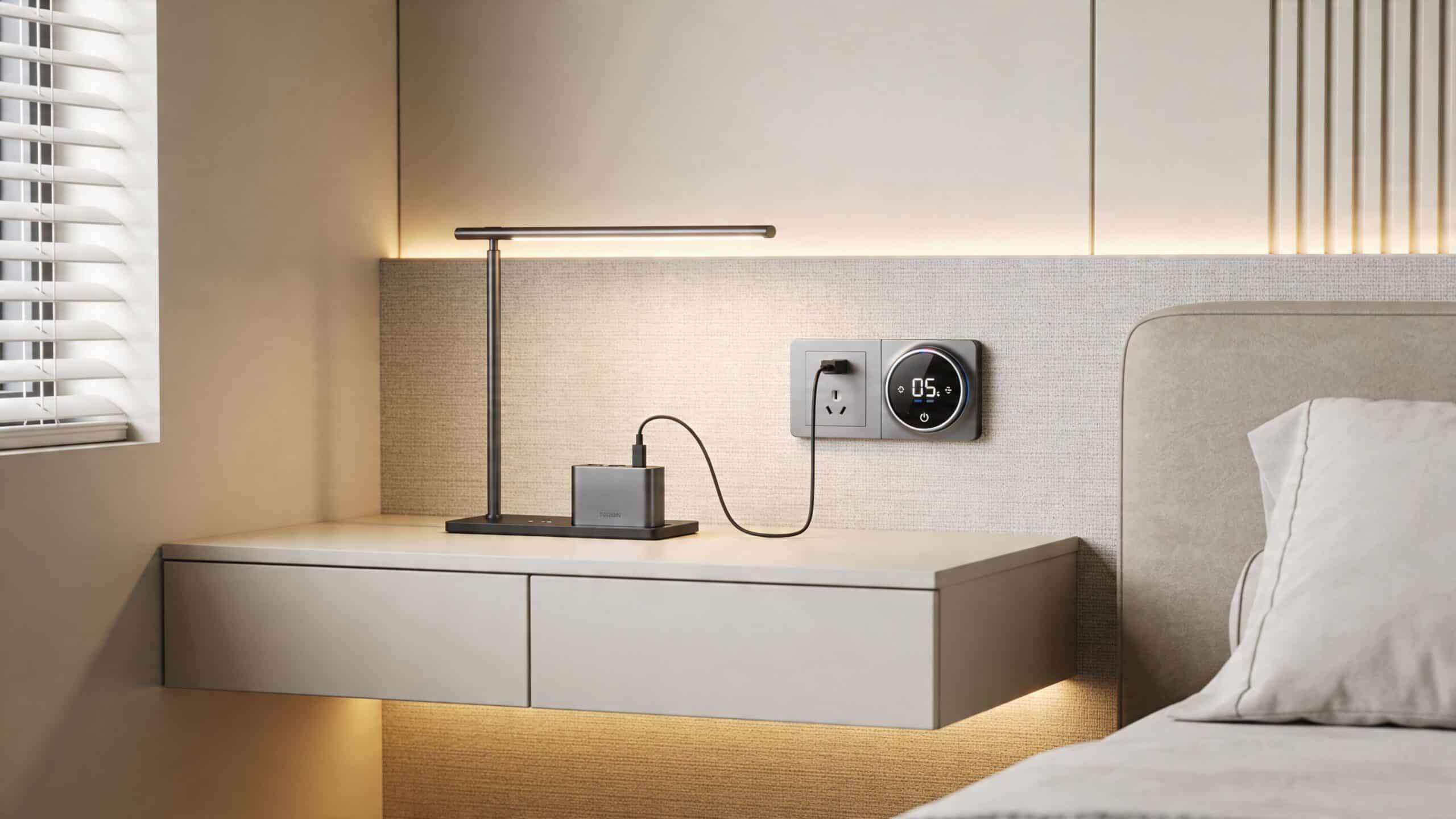 Et moderne soveværelsesnatbord med en elegant bordlampe, en opladerstation og en digital vægmonteret termostat på væggen.