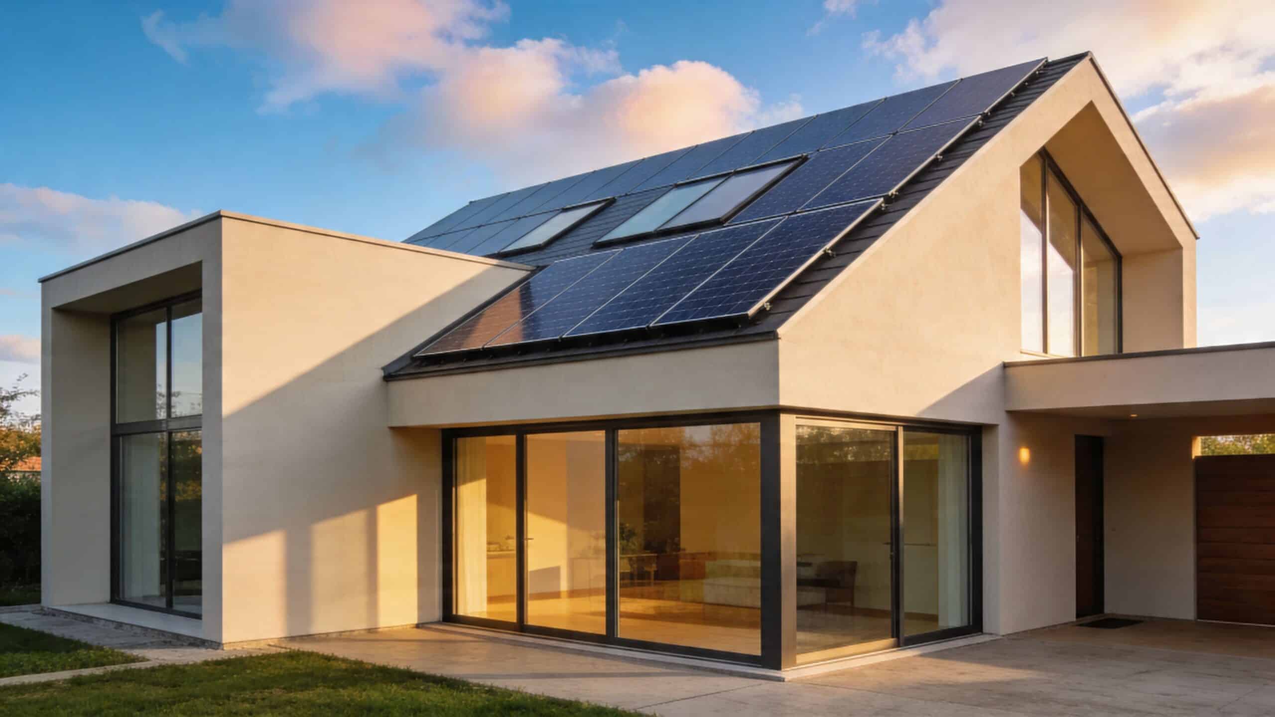Billedet viser en moderne villa med solcellepaneler på taget, der illustrerer bæredygtige el-løsning.
