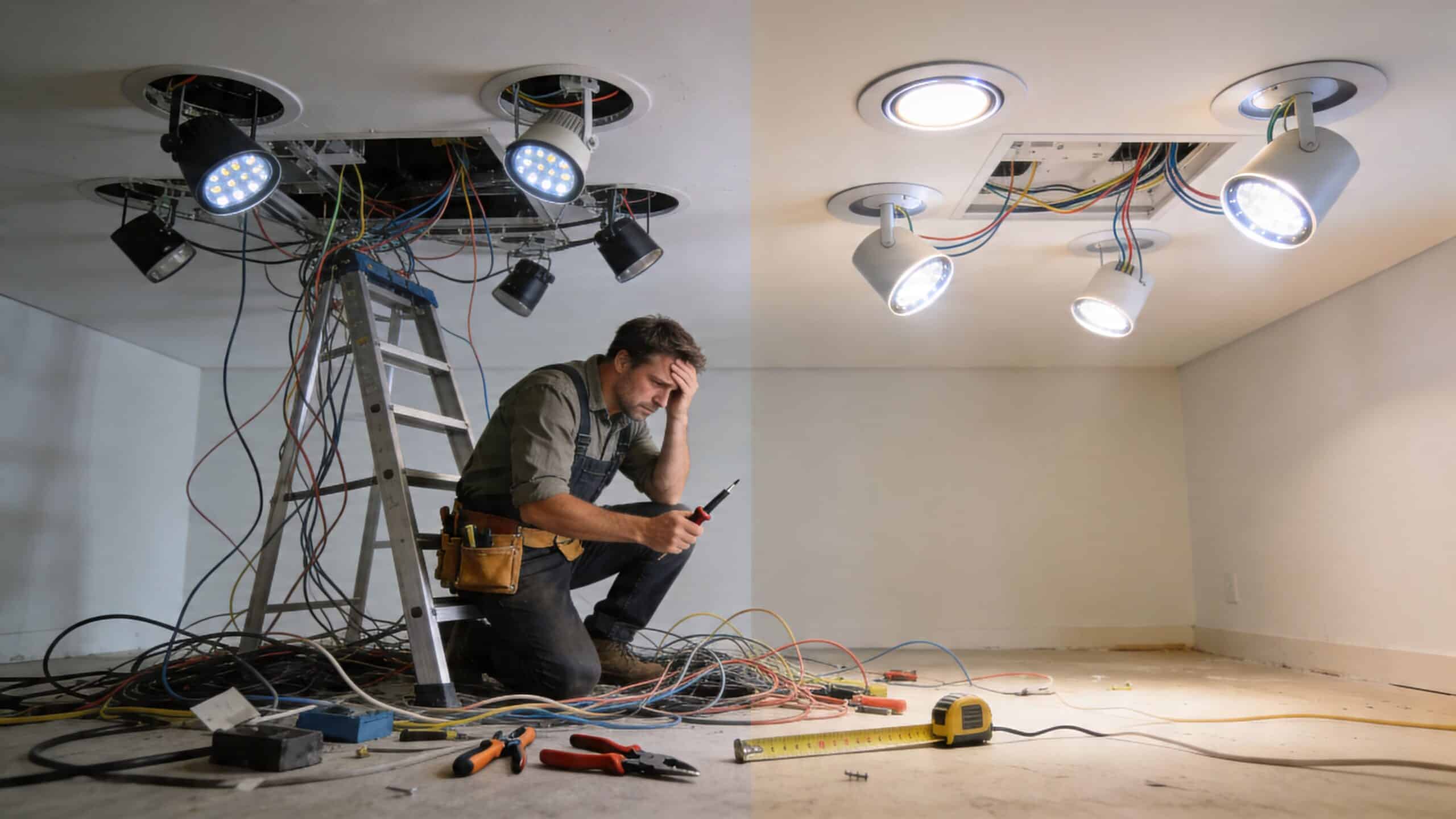 En frustreret elektriker knæler på gulvet under et loft med komplekse ledninger og installerede LED-spots.