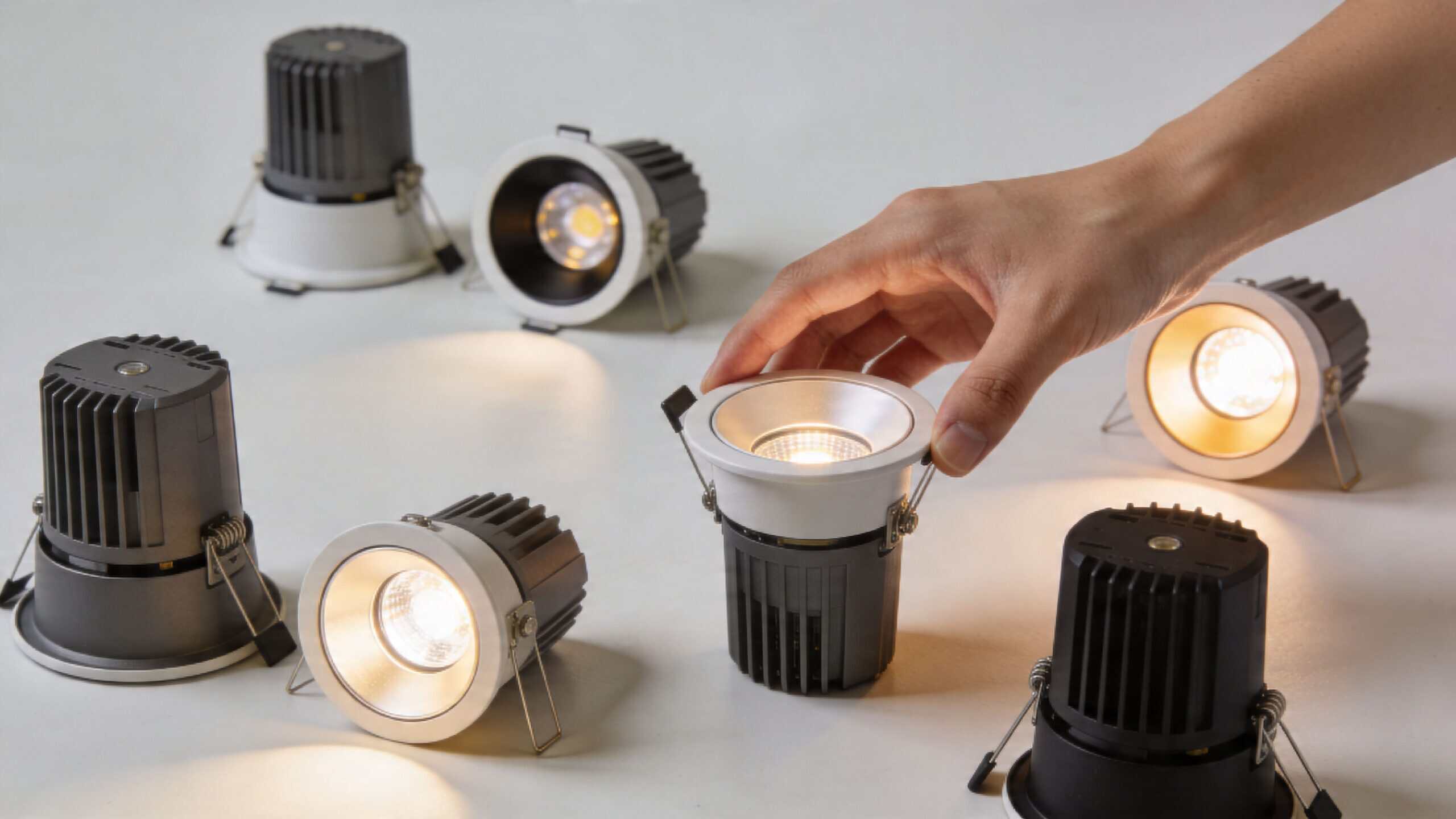 Billede af LED spots til loftsinstallation, klar til montering.