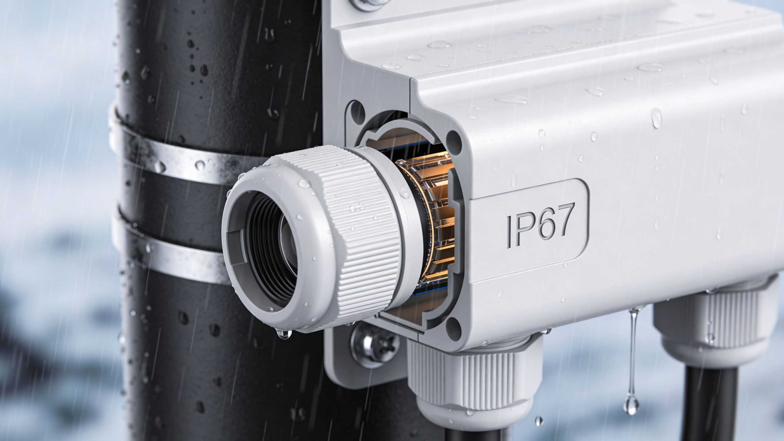 En holdbar udendørs stikkontakt stander med IP67-beskyttelse, der sikrer mod regnvejr og fugtige vejrforhold i et industrielt miljø.