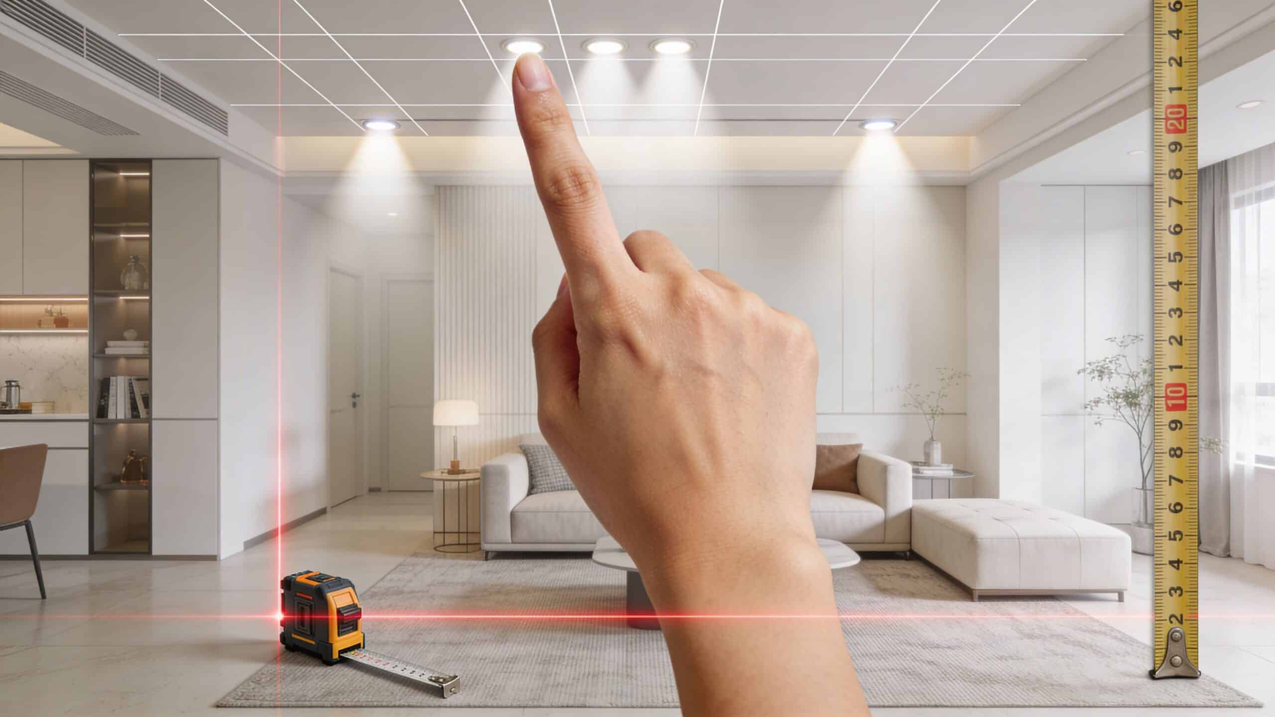 En hånd peger mod loftet i en moderne stue med indbyggede spots og måleværktøj til præcis indretning.