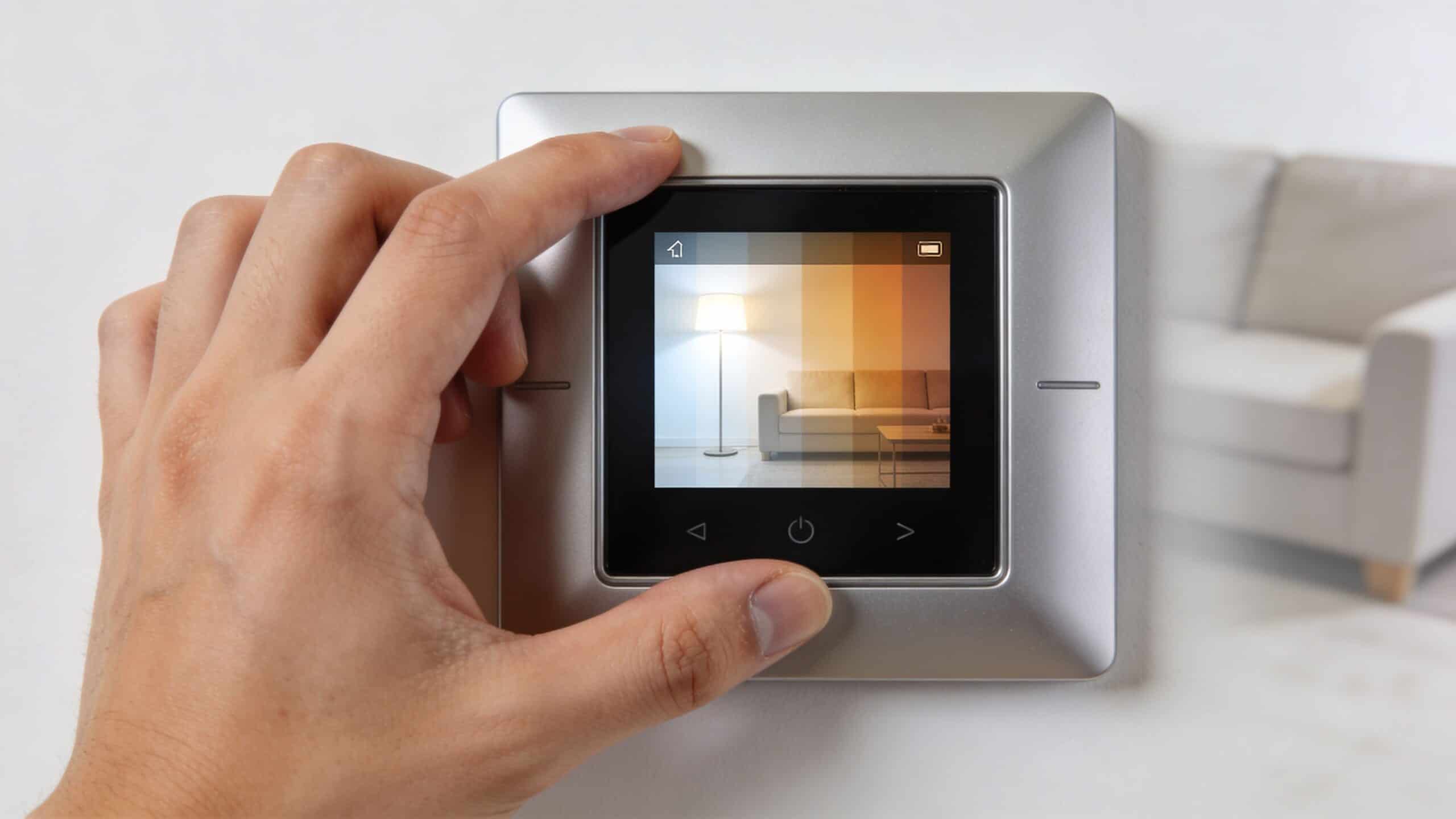 En hånd der justerer lysindstillinger på en moderne smart home-touchskærm monteret på en hvid væg i stuen.