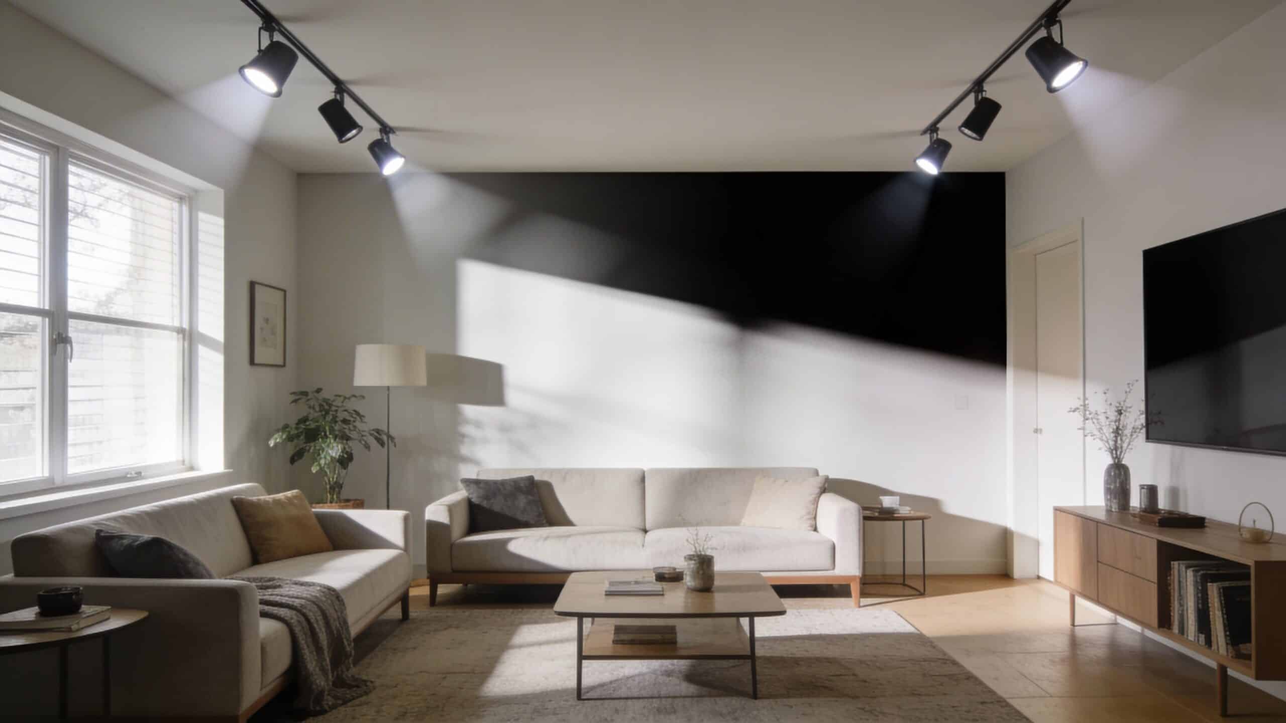 Stilfuld stue med moderne sofaer, sofabord og dekorativ spotbelysning monteret i loftet for en hyggelig atmosfære.