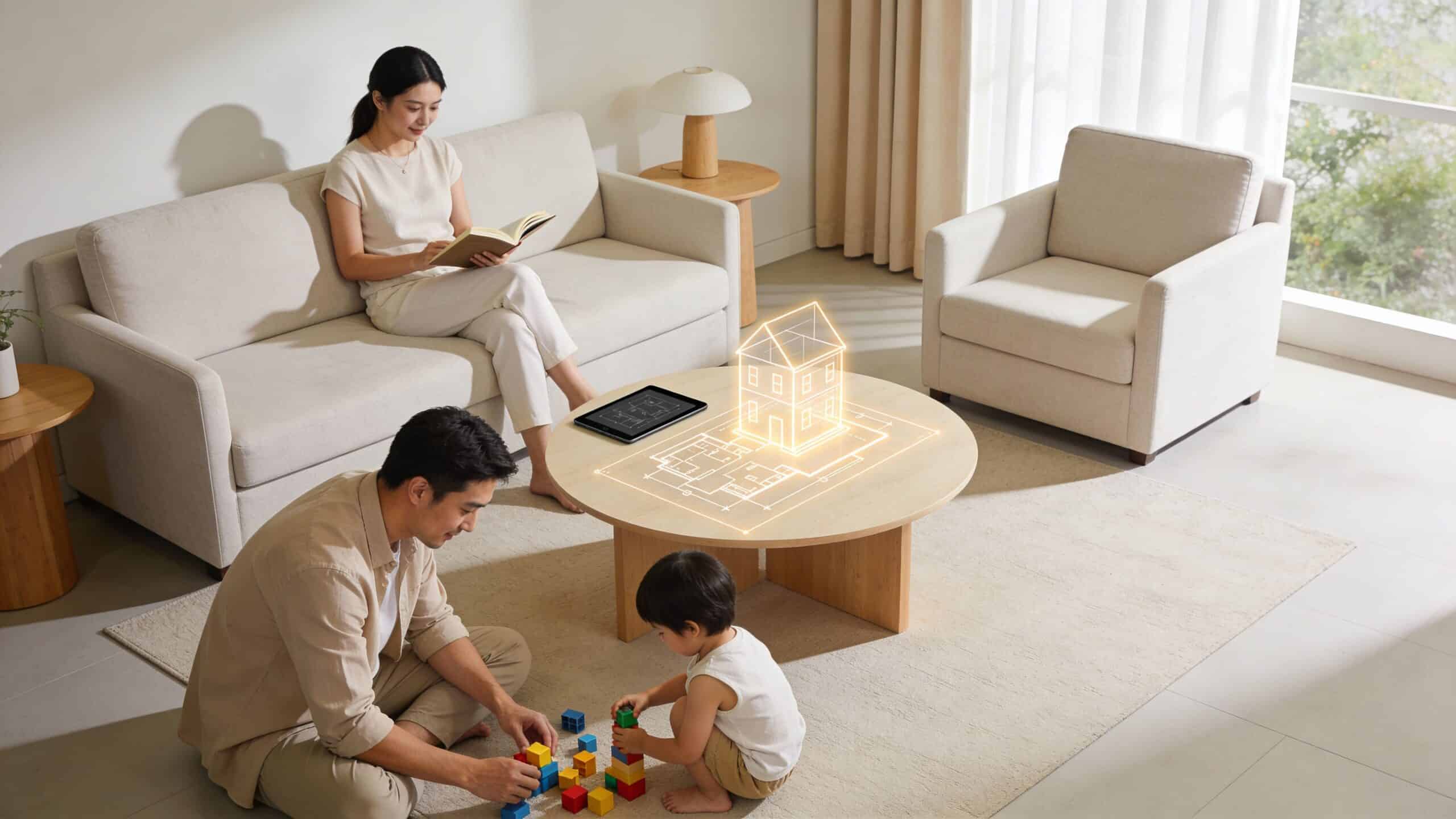 En familie sidder i deres stue, mens en hologrammodel af et hus projiceres op fra sofabordet.